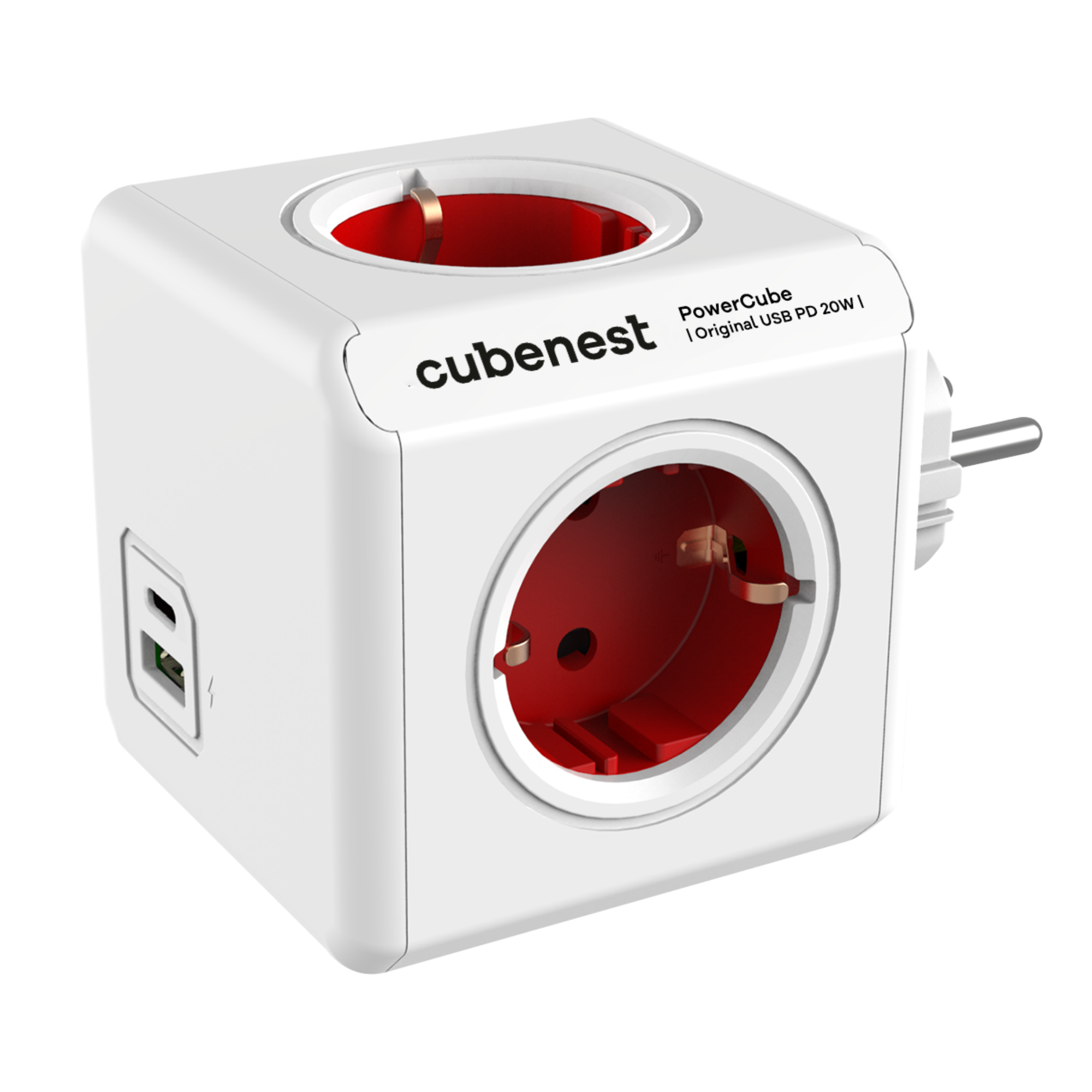 Weißer PowerCube mit roten Steckdosen und USB-Anschluss, mehrseitiges Design.