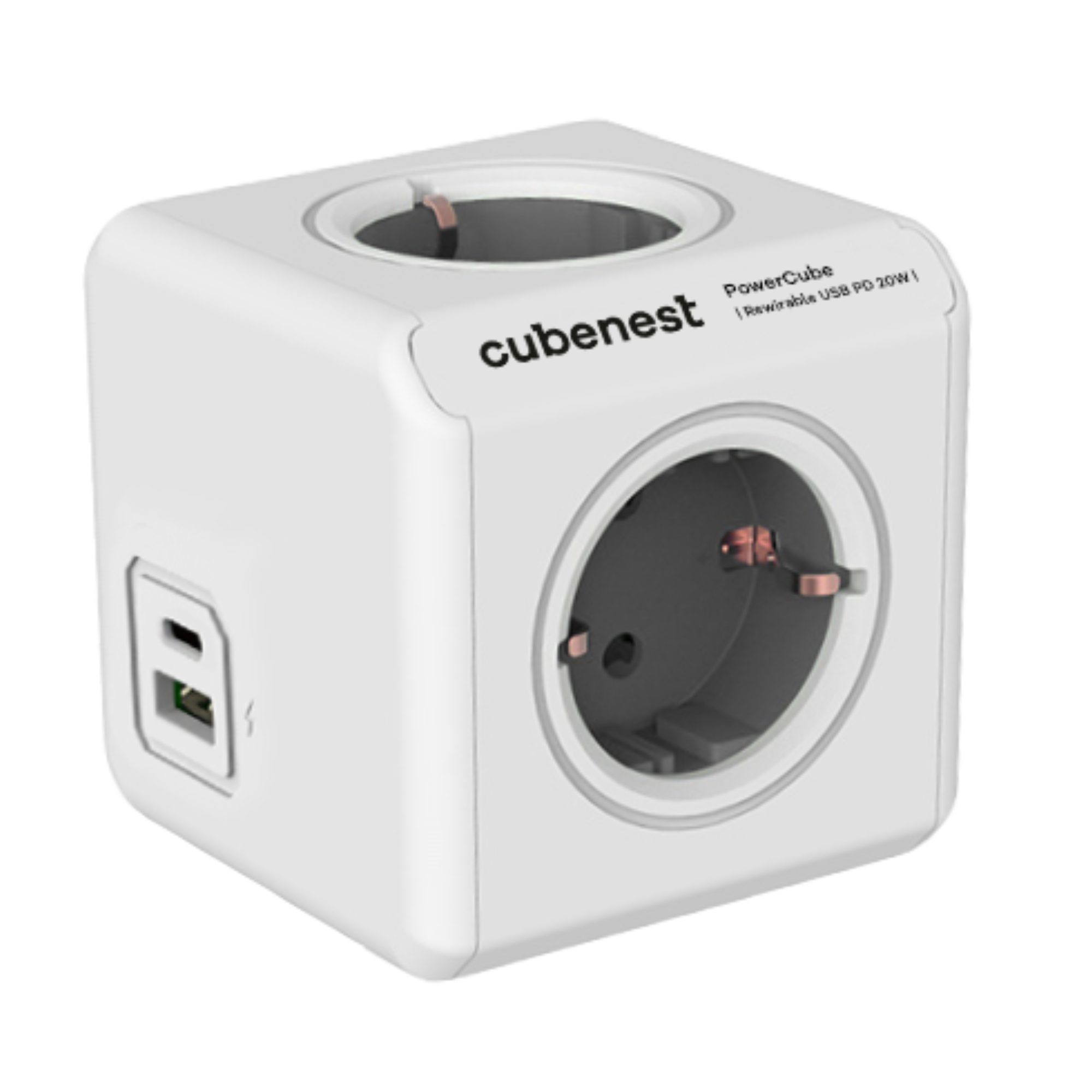 Weißer würfelförmiger Netzadapter mit mehreren Steckdosen und USB-Anschluss.