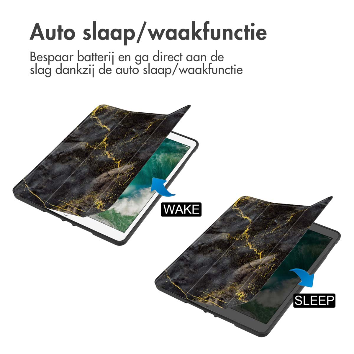 Tablet with a black and gold marble case. The case is open and shows the screen. White background. Blue arrows and text.