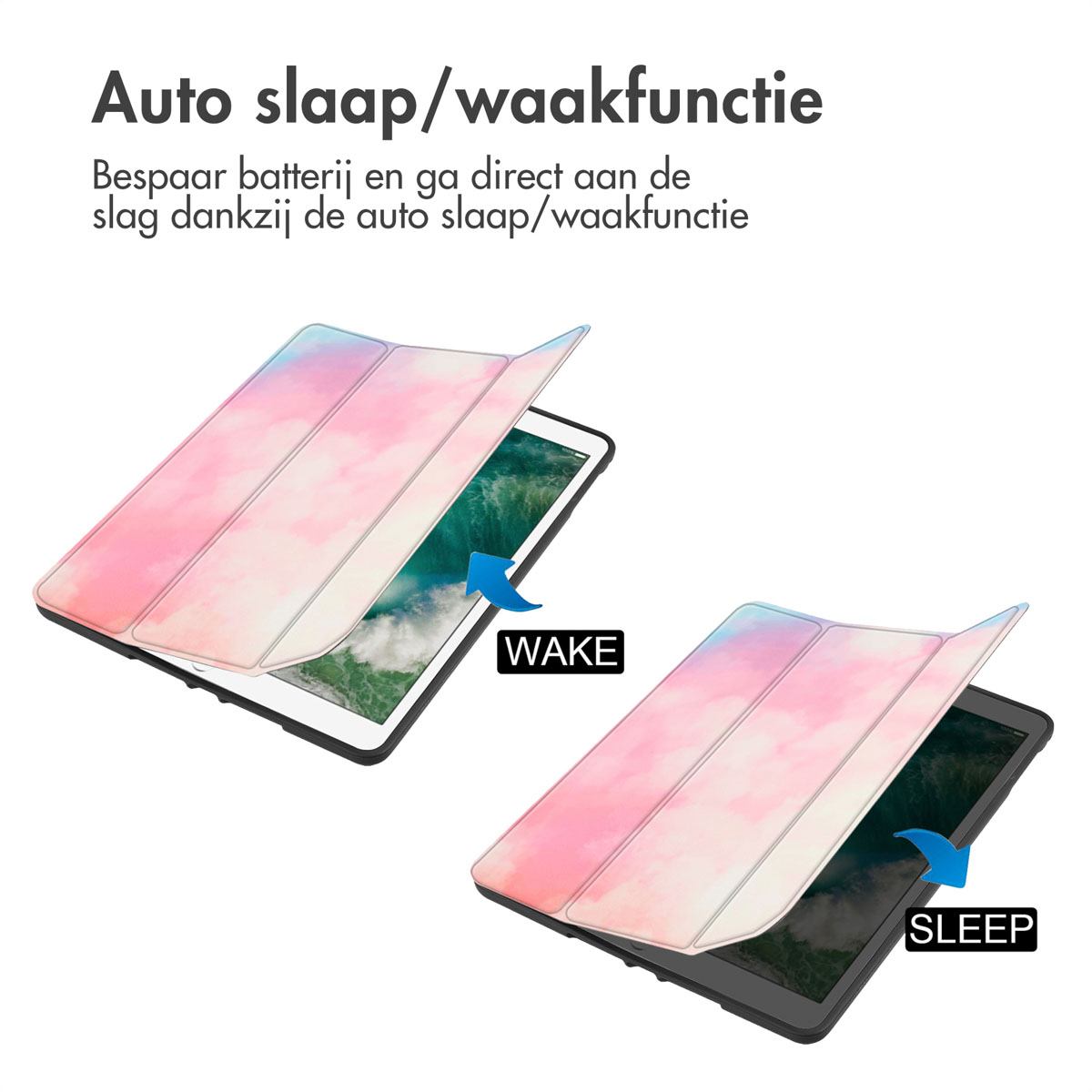 Tablet met roze en blauwe hoes. Open hoes met een kleurrijk scherm. Witte achtergrond. Blauwe en roze wolken.