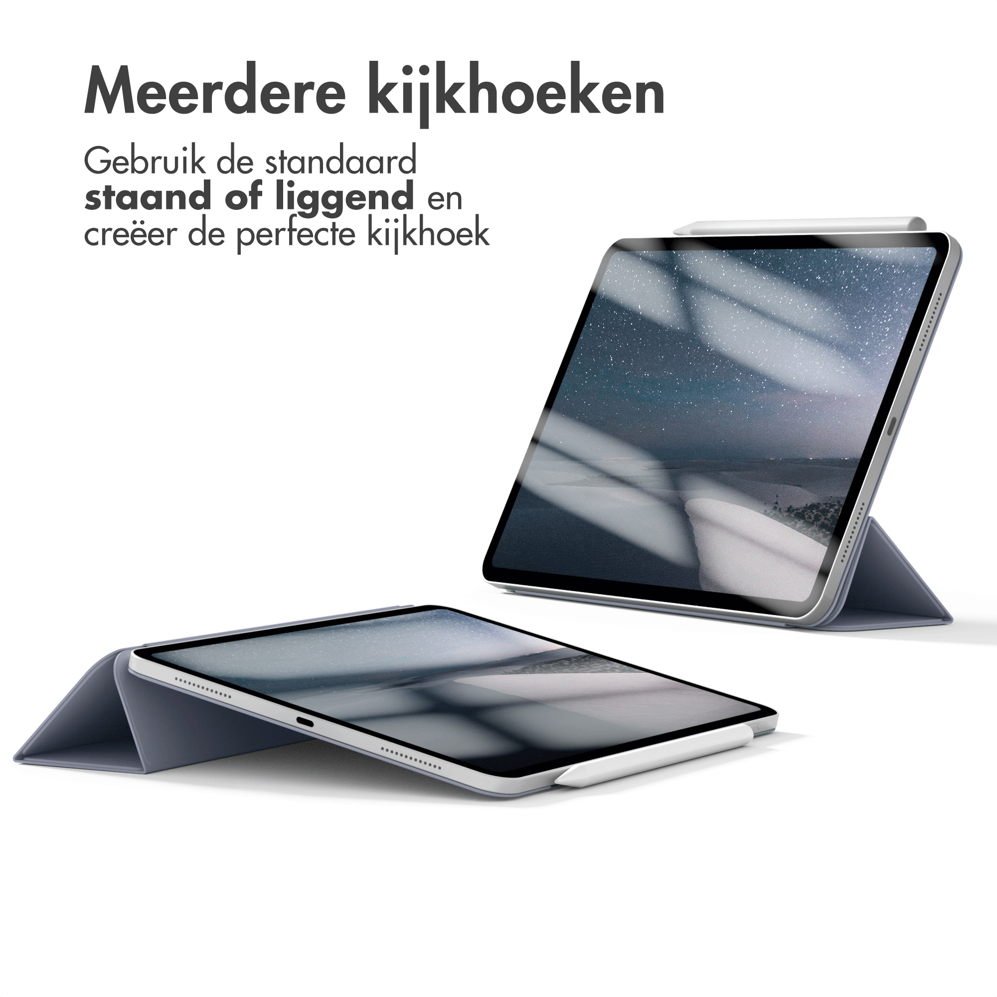 Two tablets with blue covers, one upright and one lying down. They are on a white surface.