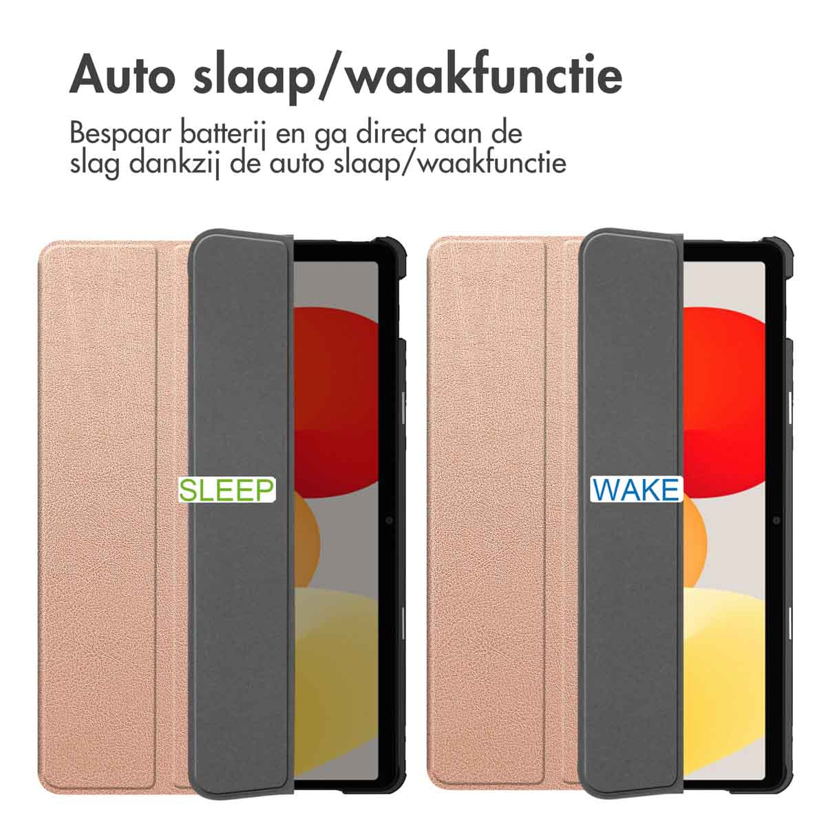 Two tablet cases, one open showing the tablet, with 'Sleep' and 'Wake' labels.