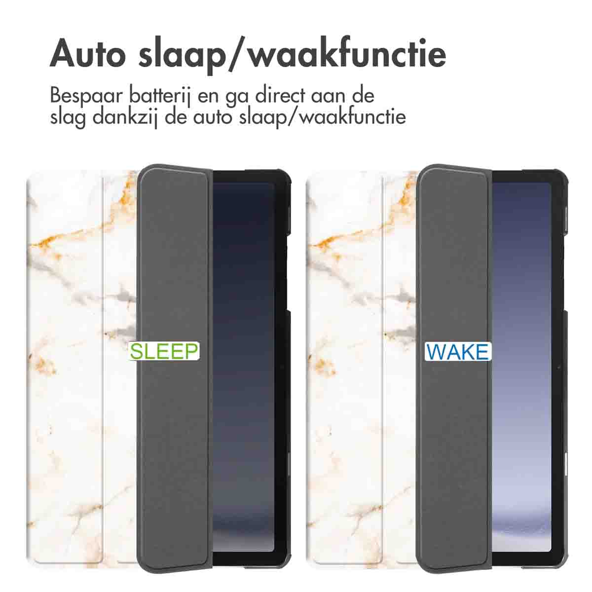Twee tablets in marmeren hoesjes, met SLEEP en WAKE labels. Witte achtergrond.