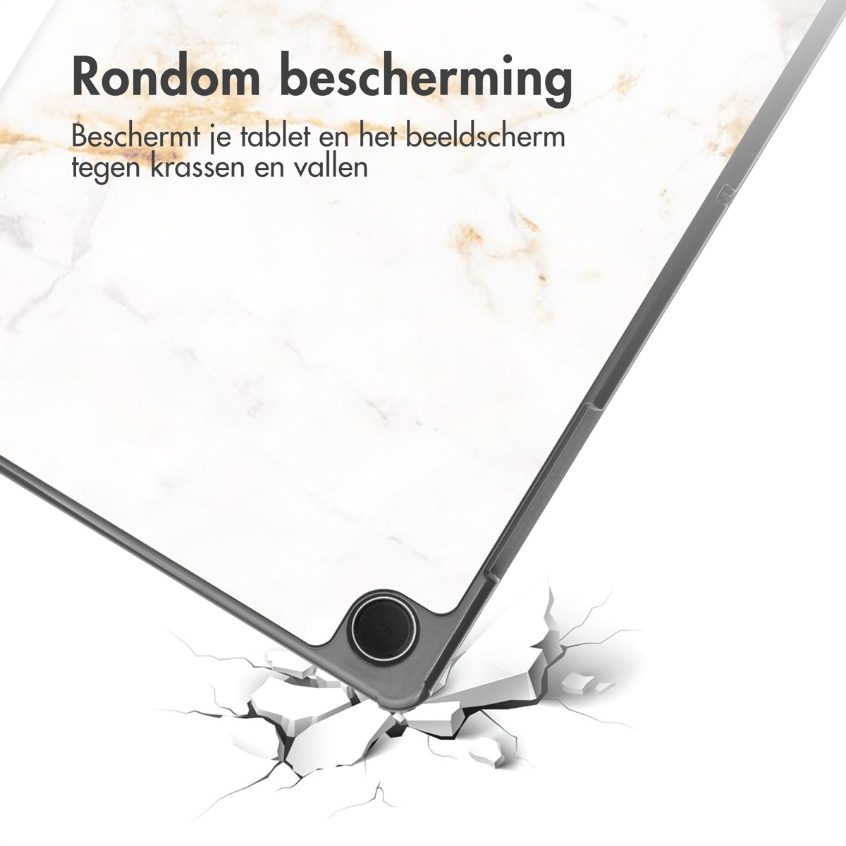 Tablet met marmeren hoes, schuin, met gebarsten oppervlak. Tekst: Rondom bescherming.