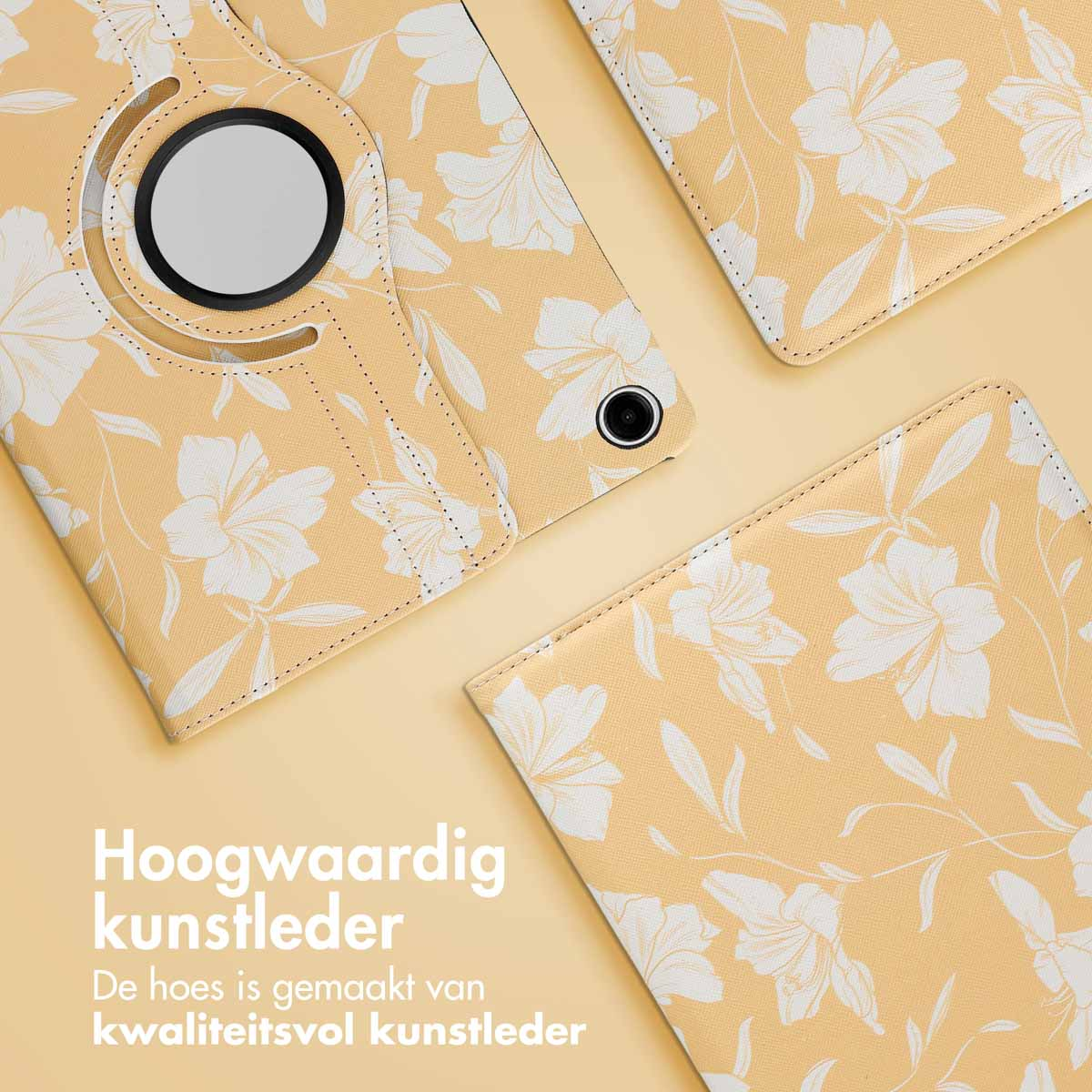 Yellow floral tablet case shown from above, with three parts visible on a light yellow surface.