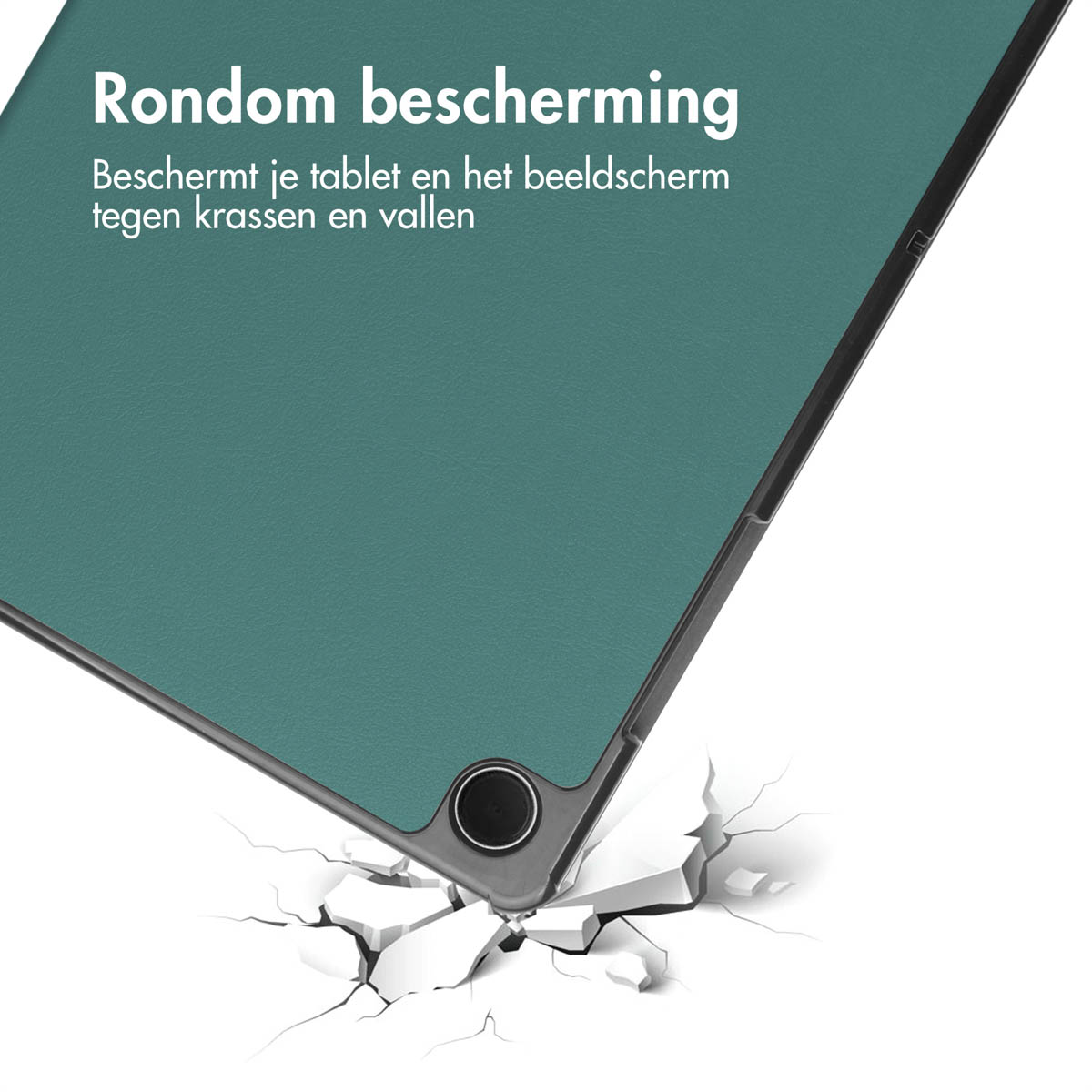 Une coque de tablette tombe et fissure le sol. Le texte dit "Protection intégrale".