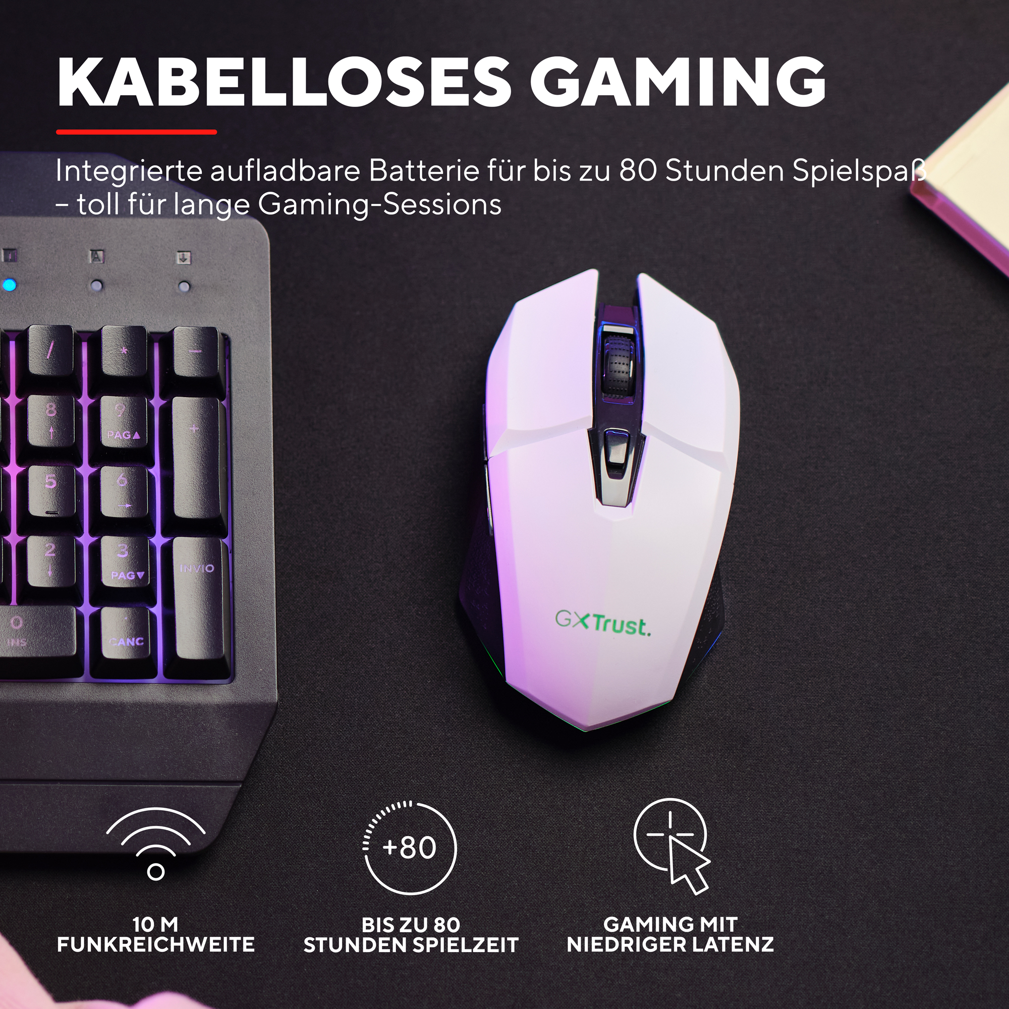 Eine weiße Maus und Tastatur. Das Bild zeigt auch eine rosa Oberfläche und eine Tastatur links.