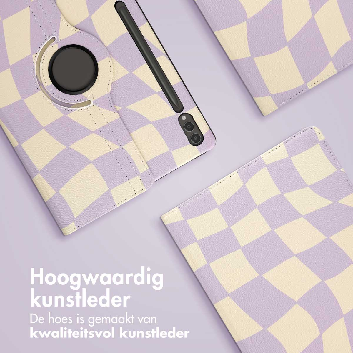 Tablethoes met een paars en wit geblokt patroon. De hoes wordt weergegeven op een wit oppervlak.