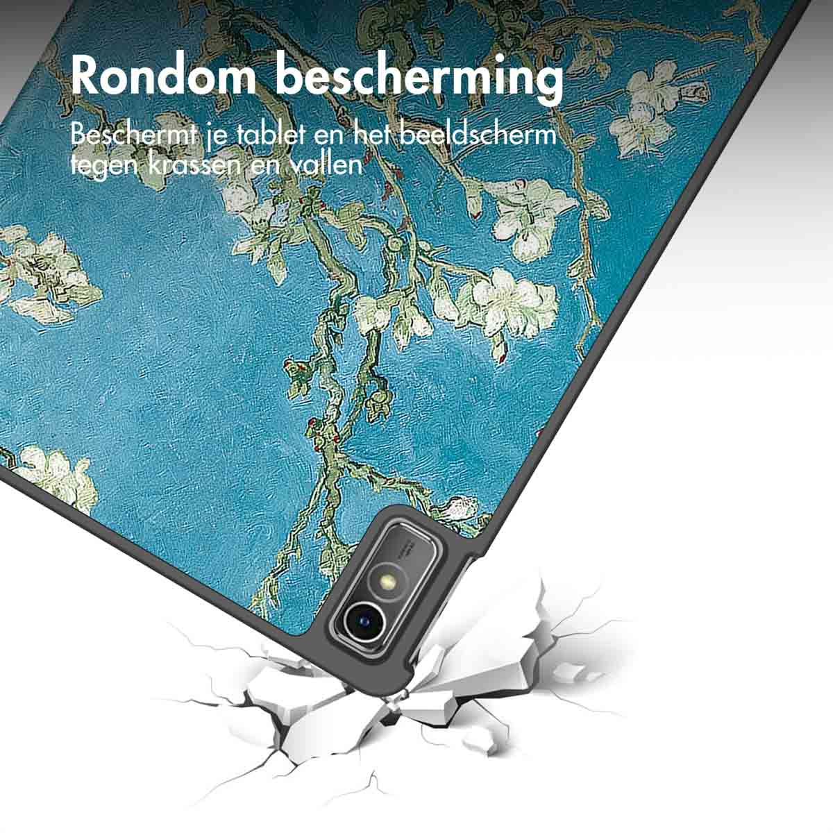 Tablet case with a Van Gogh painting. Tablet is on the ground, broken. Text: 'All-round protection'.