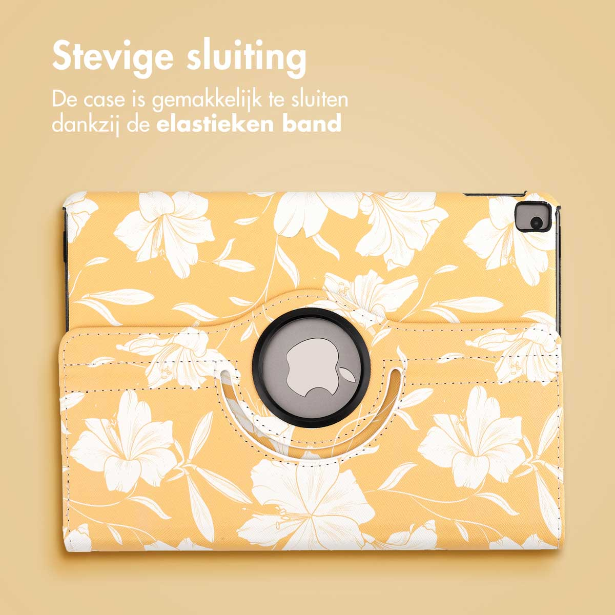 Yellow floral tablet case open. Close-up shows the Apple logo and elastic band.