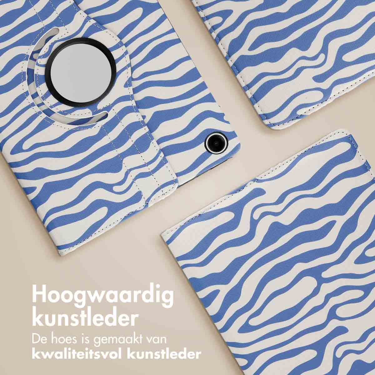 A tablet case with a blue and white zebra stripe pattern.