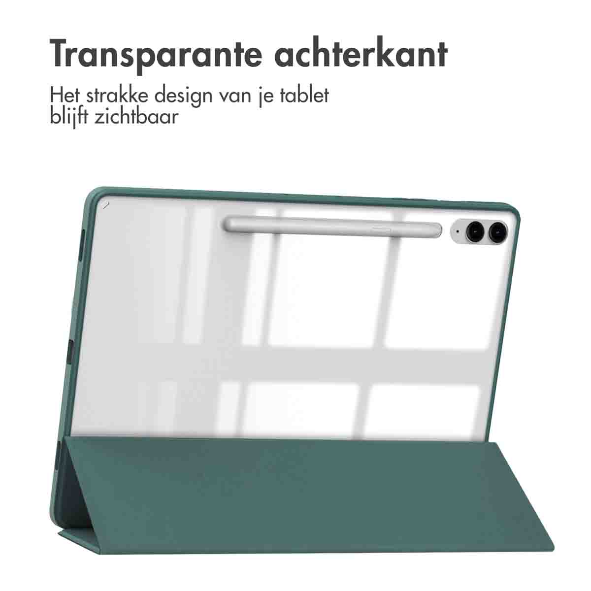Een tablet met een transparante achterkant en een groene hoes.
