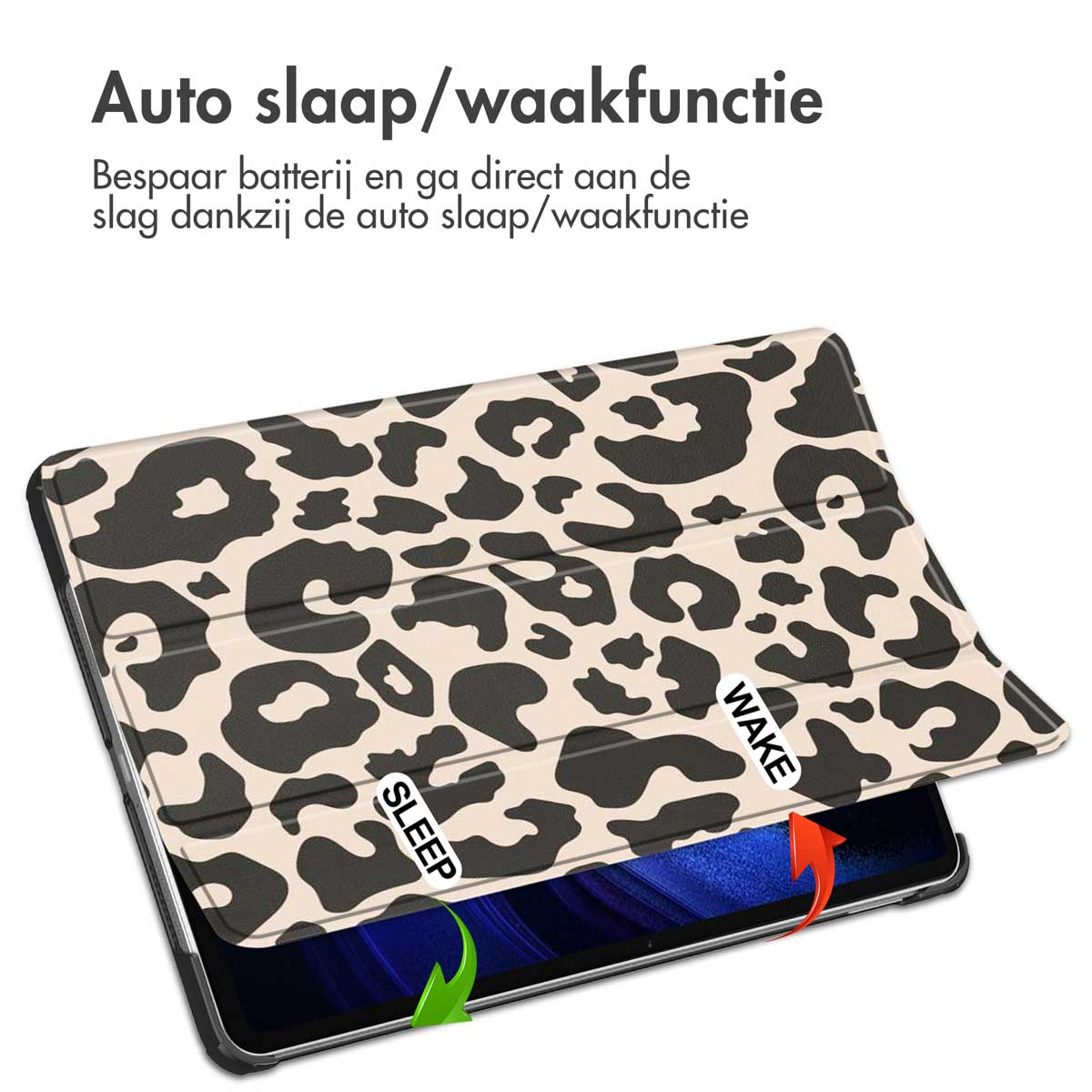 Tablet case with leopard print. Text reads 'Auto sleep/wake function'. Arrows indicate sleep and wake.