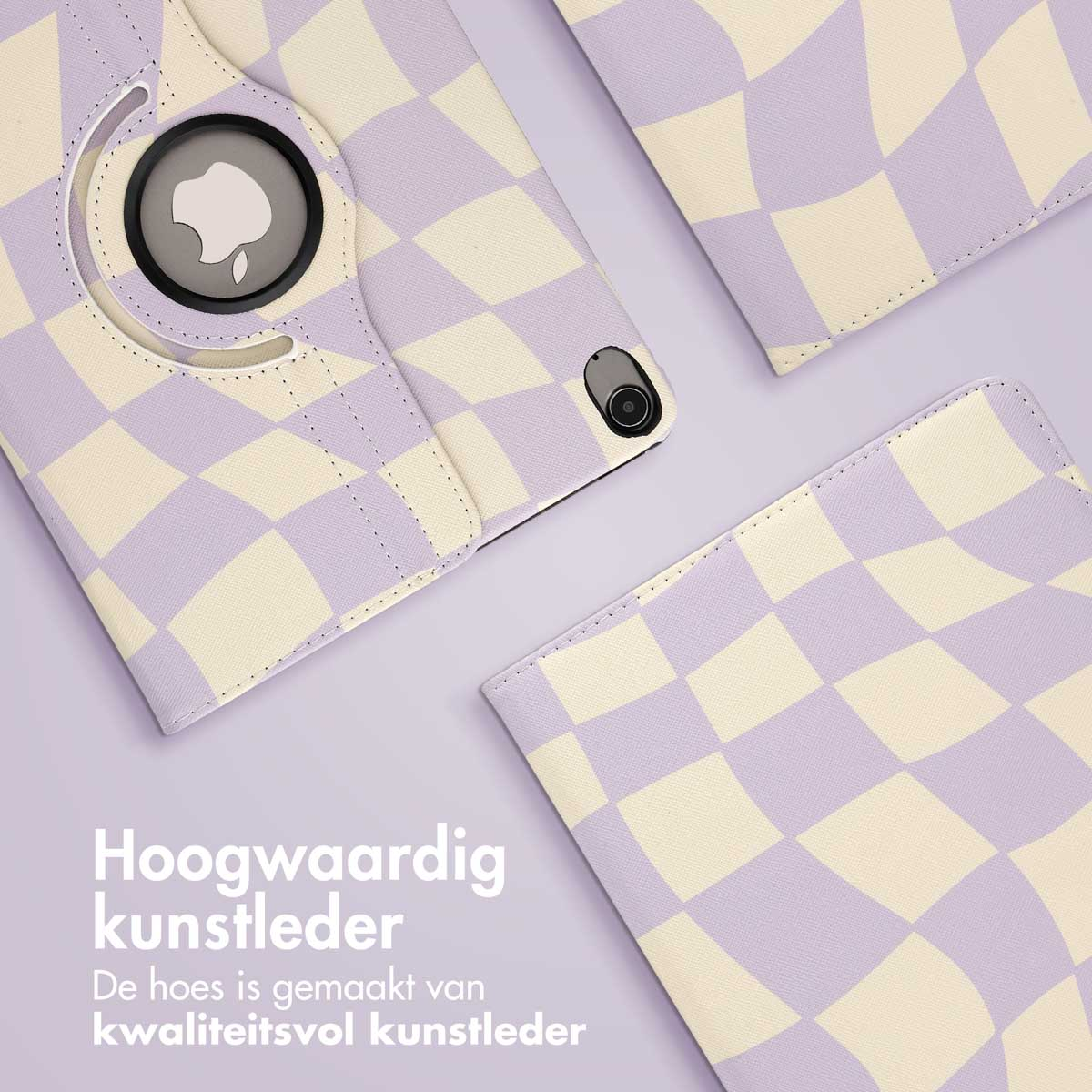 Une housse de tablette avec un motif de damier lilas et crème.