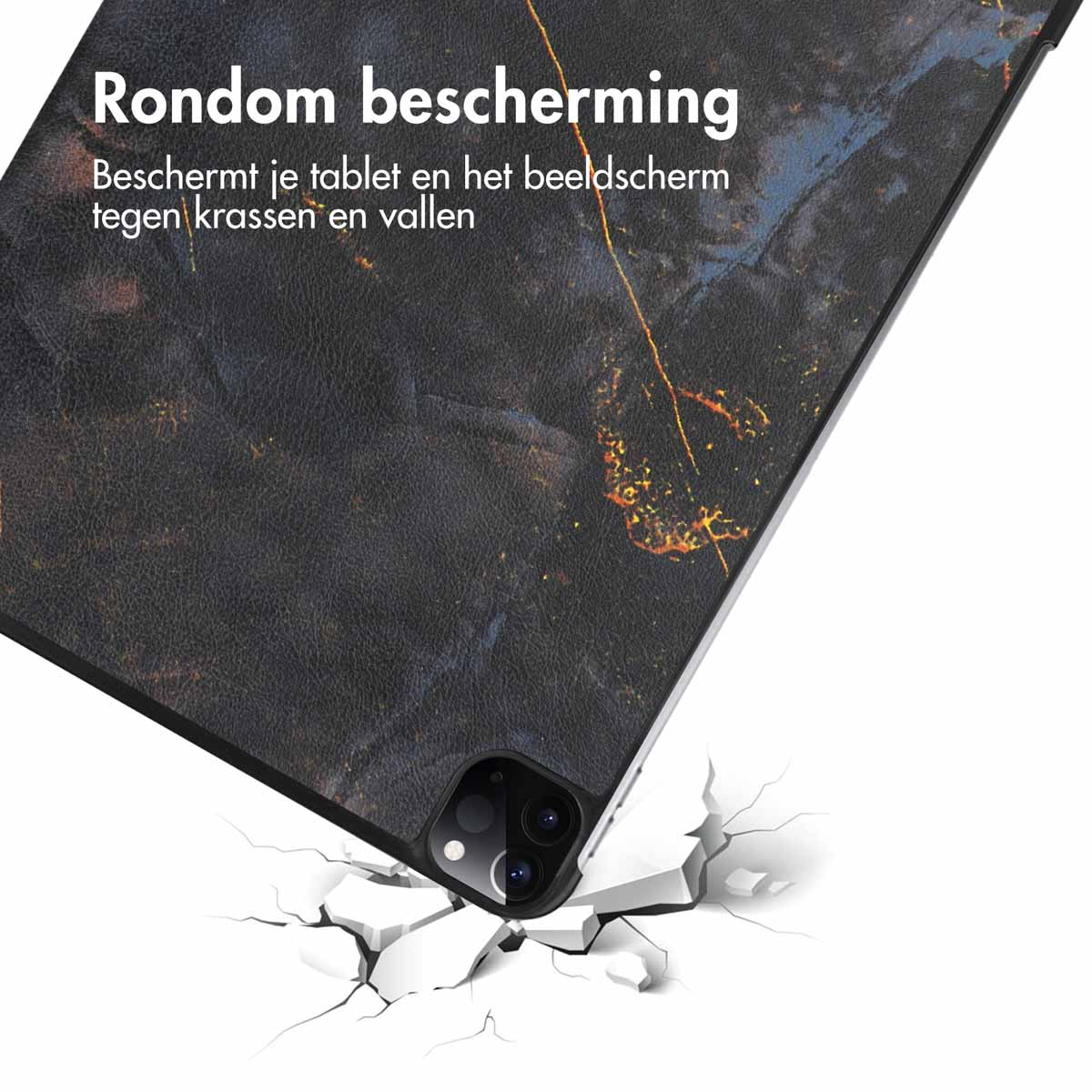 Tablet case. Black marble texture. Case is cracked after hitting the ground.