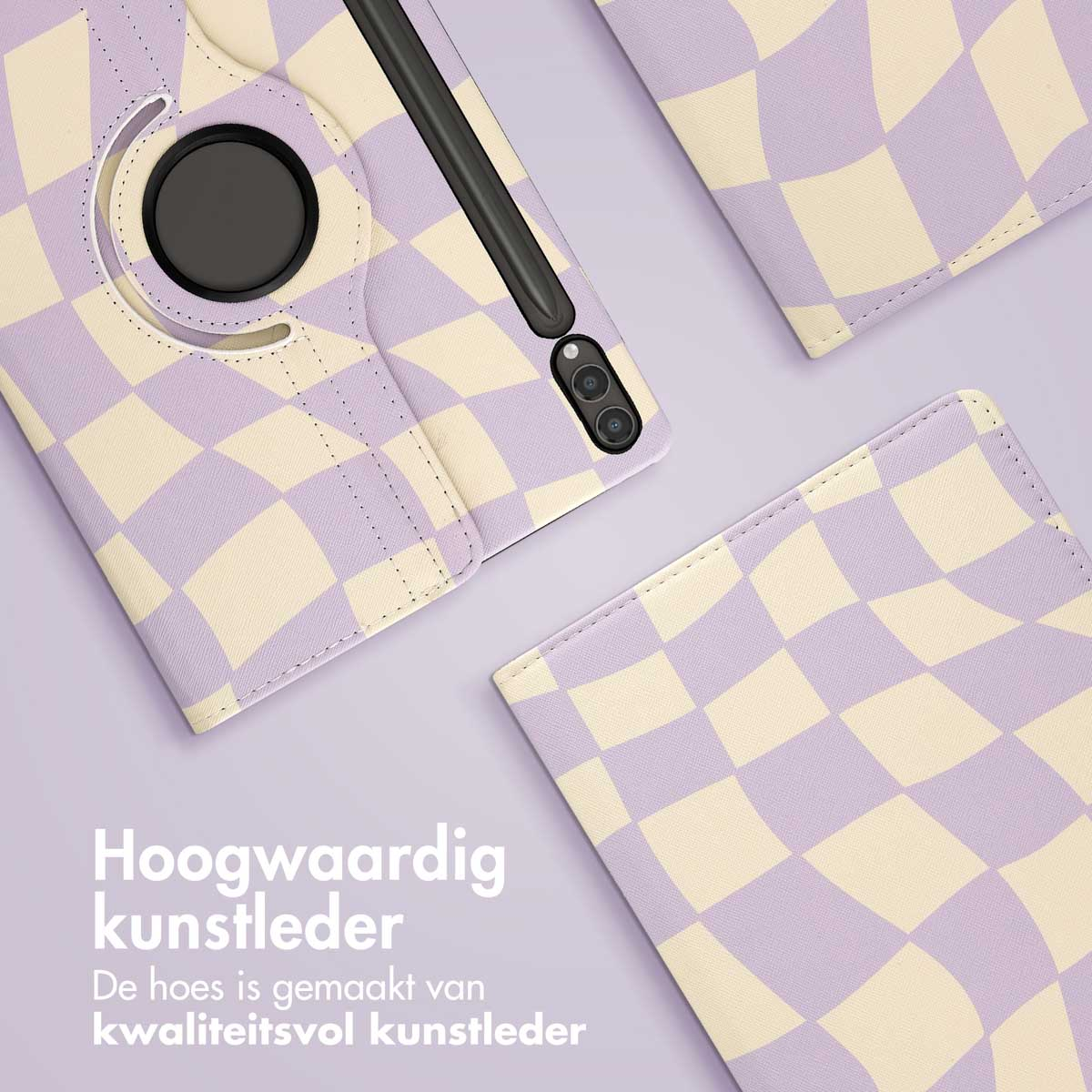 Tablet case with light purple and cream checkered pattern. The case is on a light purple background.