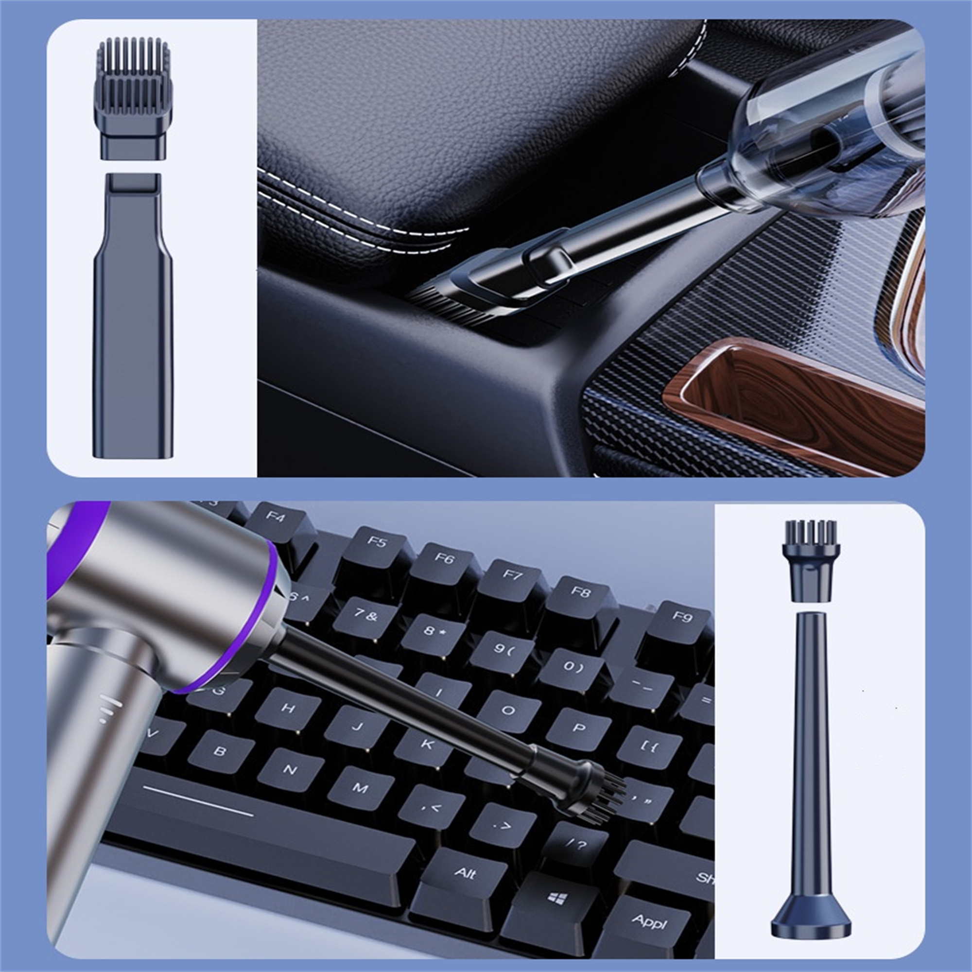 Staubsauger mit mehreren Aufsätzen, Reinigung von Auto und Tastatur.