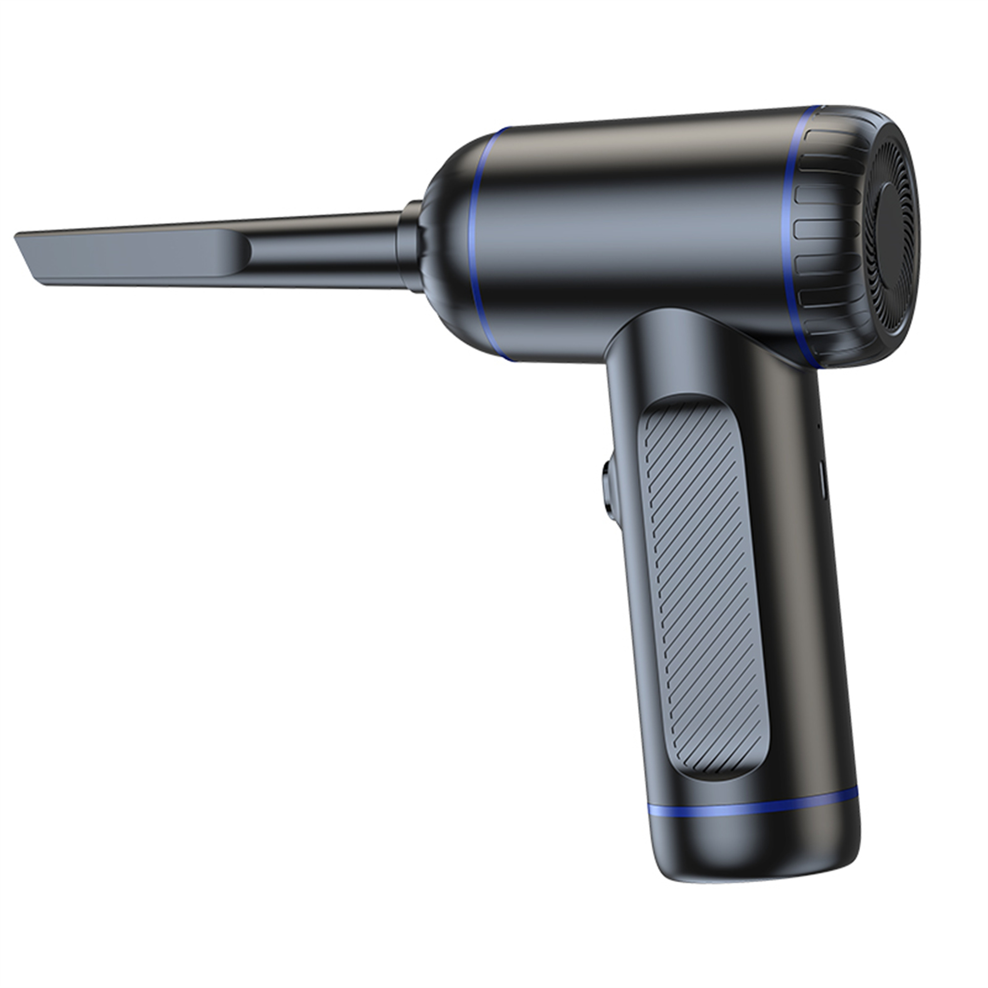 Schwarzer Handstaubsauger, ergonomisches Design mit blauen Akzenten. Weißer Hintergrund.