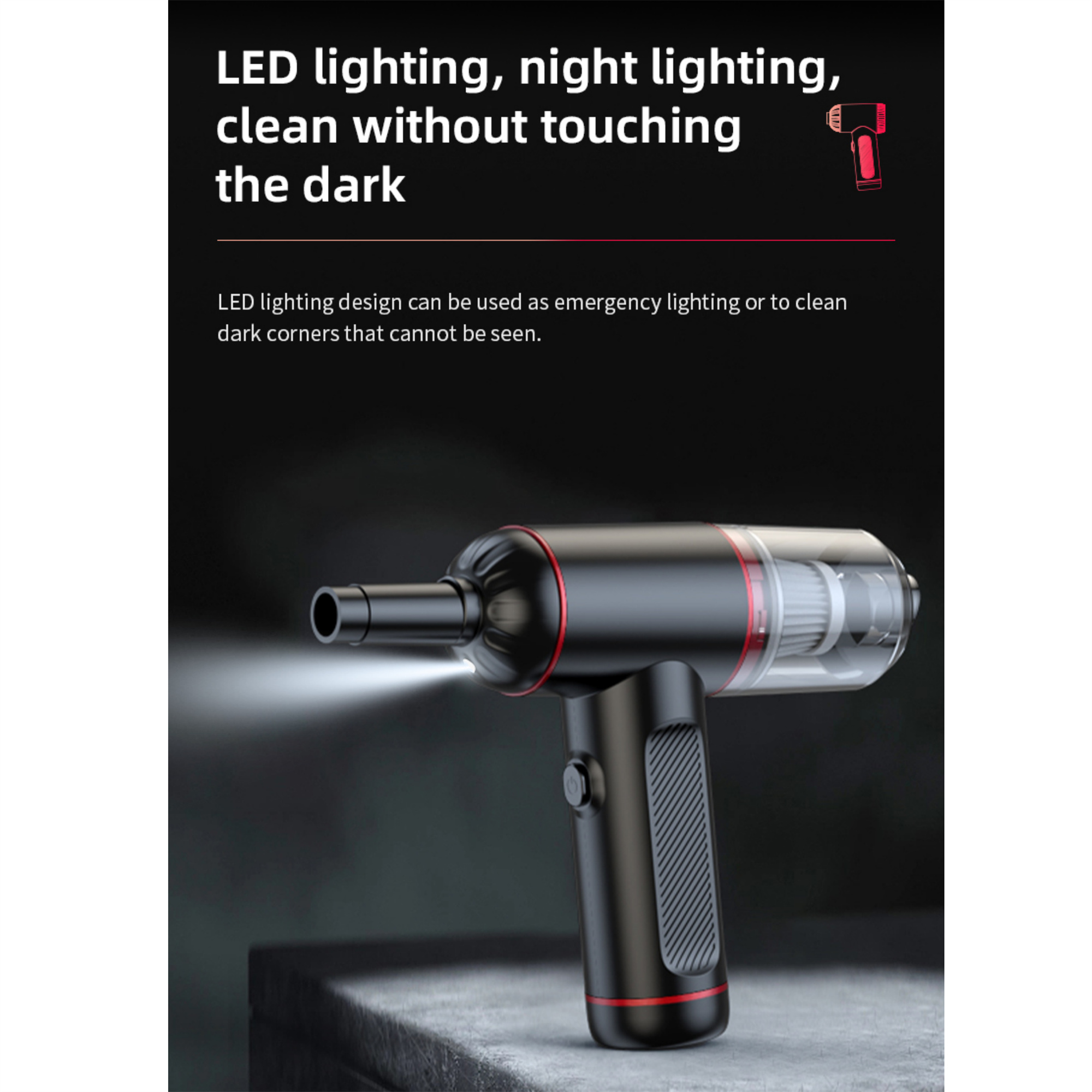 Ein schwarz-roter Handstaubsauger mit einem Lichtstrahl, der aus der Düse scheint.