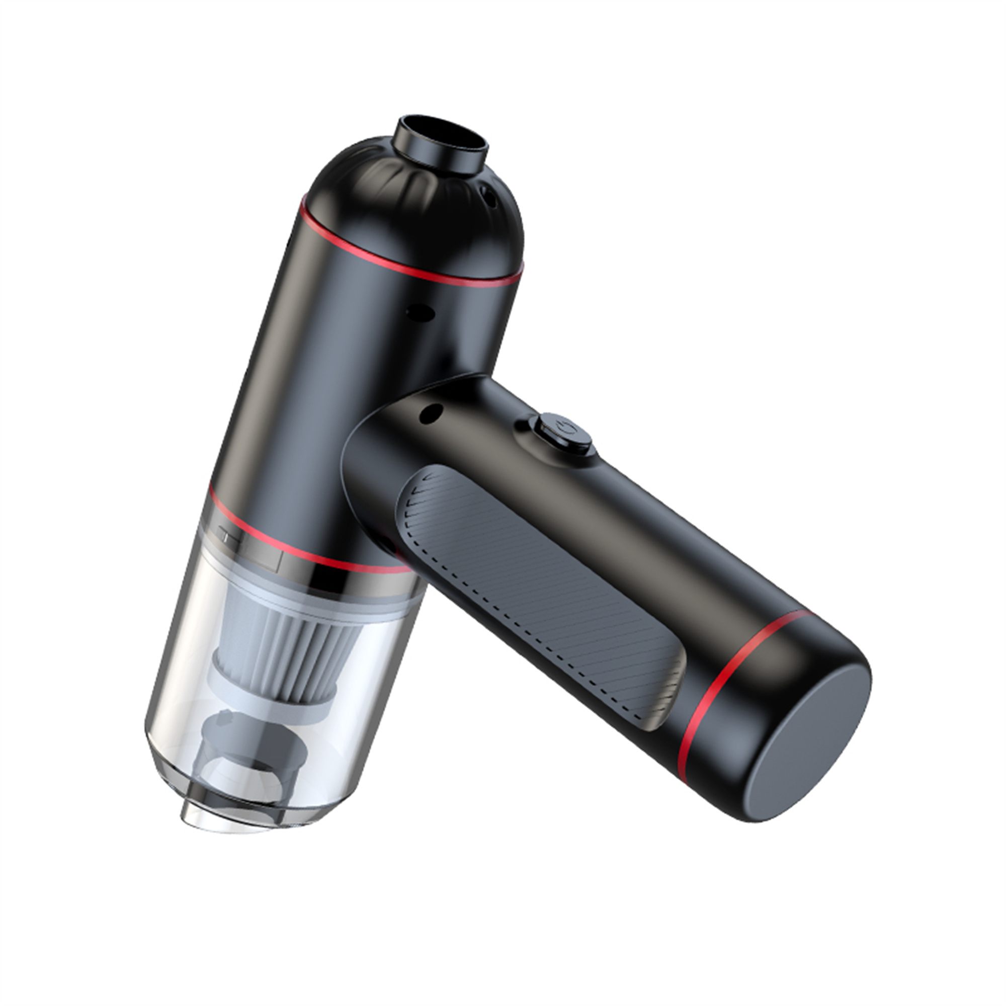 Schwarz-roter Handstaubsauger. Weißer Hintergrund.
