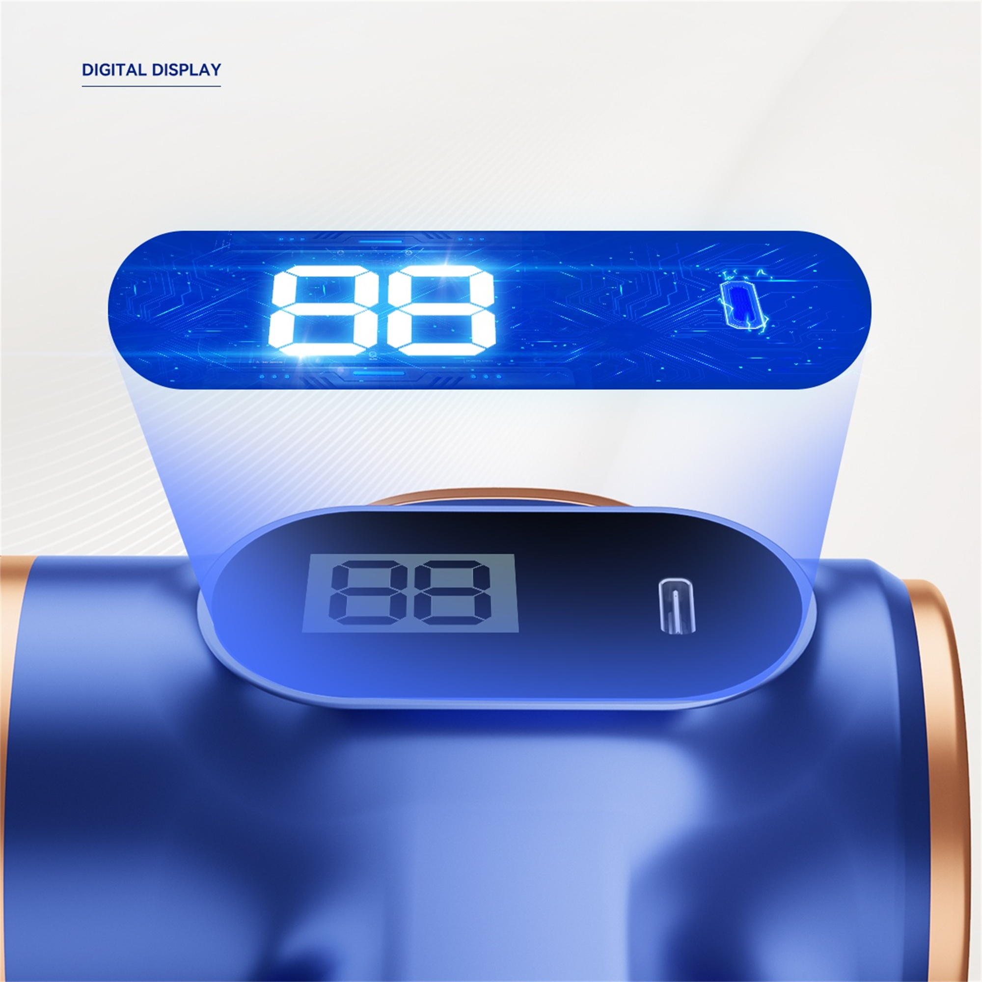 Blau-goldenes Gerät mit Digitalanzeige, die 88 anzeigt. Weißer Hintergrund.