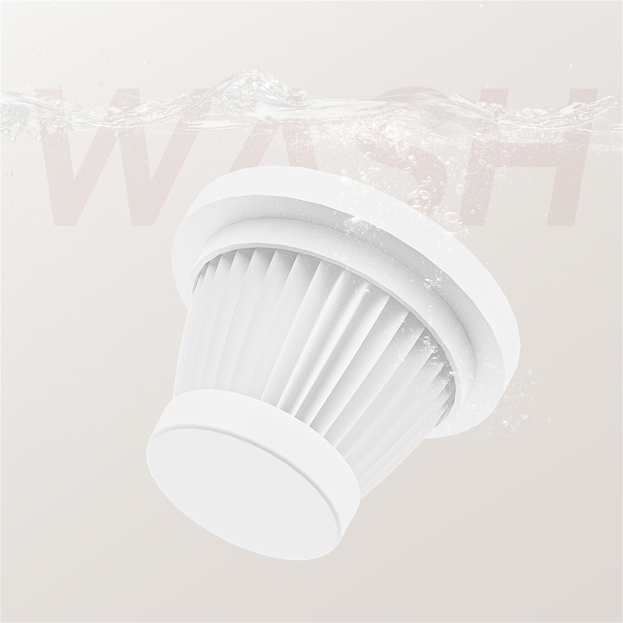 Ein weißer Filter mit konischer Form, umgeben von Wassertröpfchen, mit dem Wort 'WASH'.