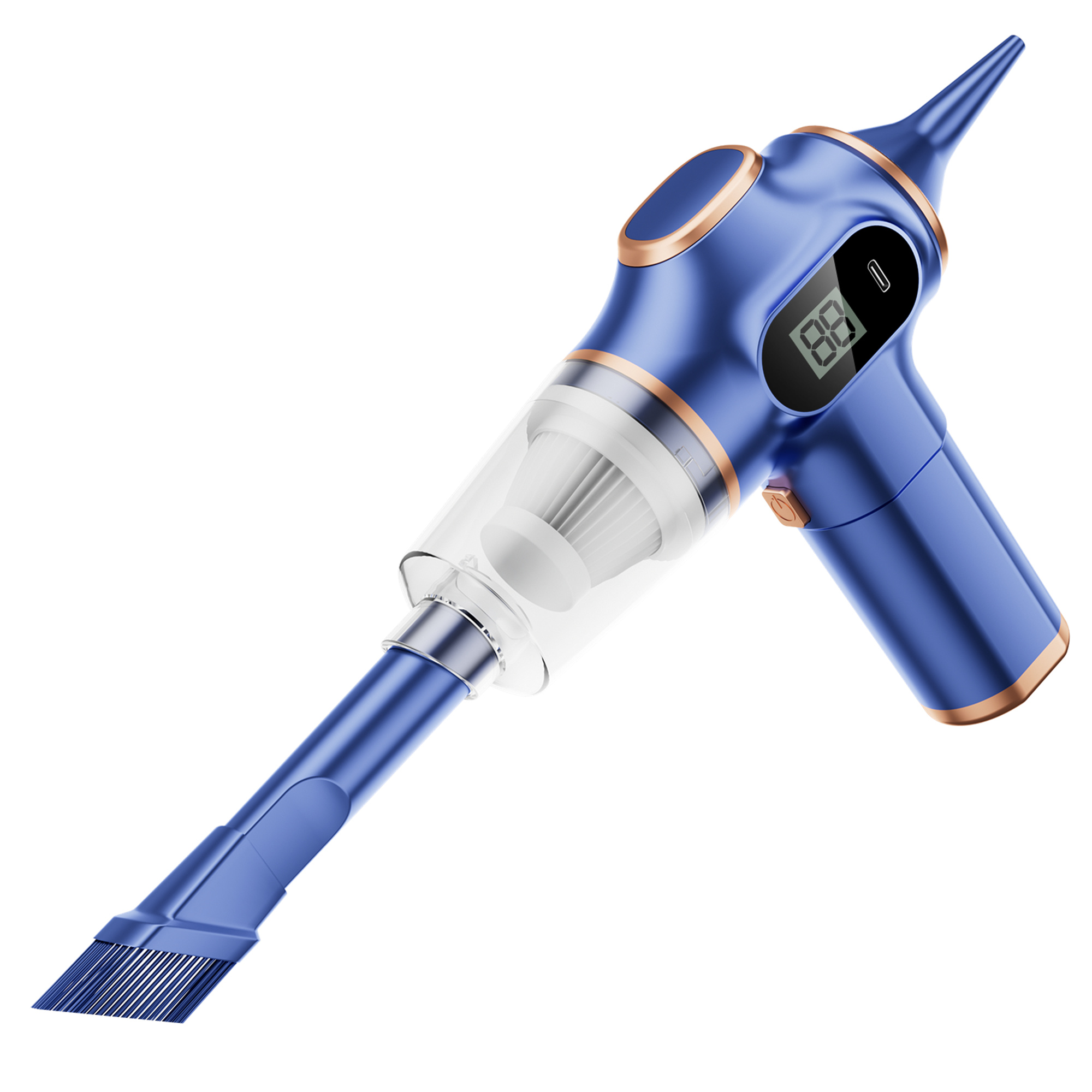 Blauer Handstaubsauger mit digitaler Anzeige und Aufsätzen.