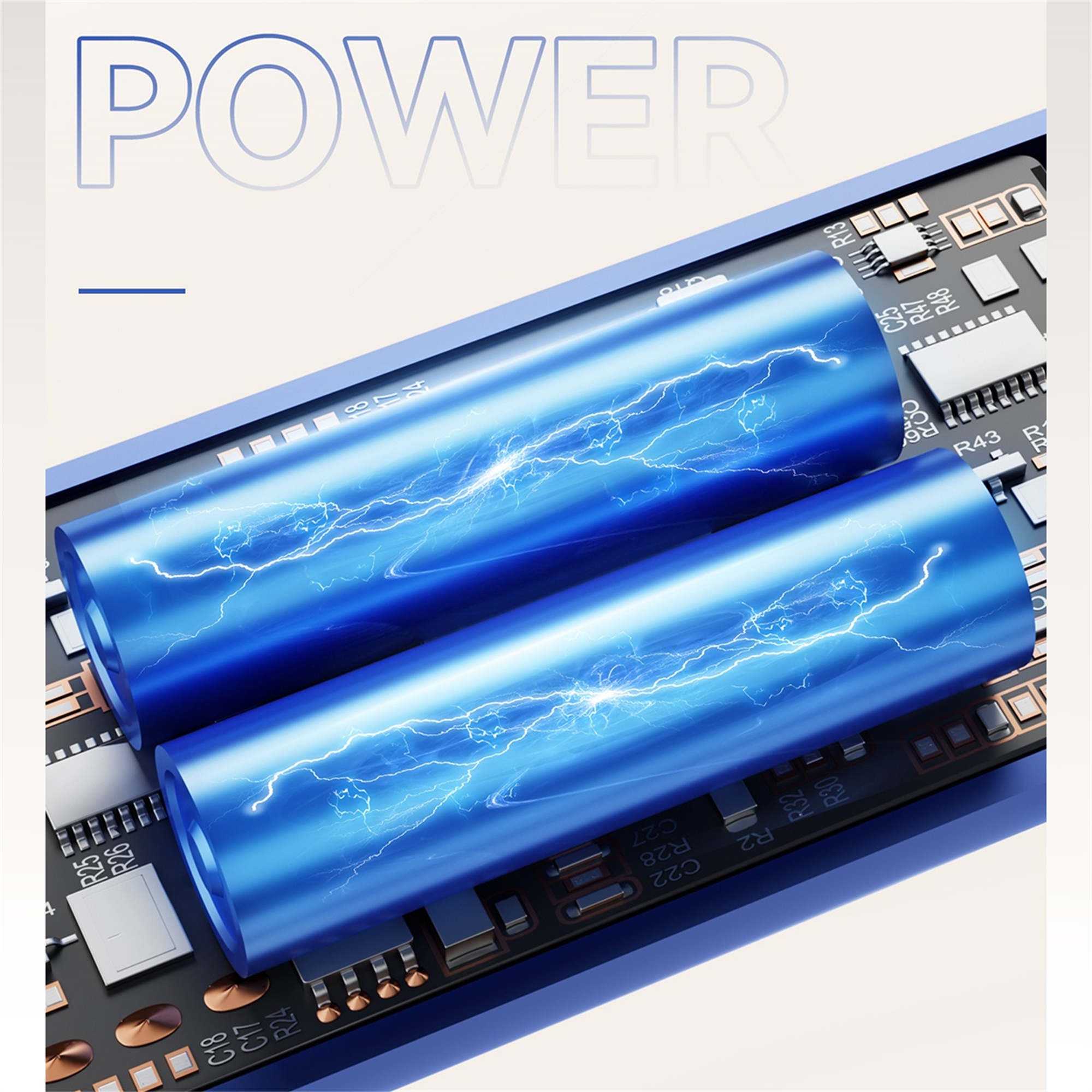 Zwei blaue zylindrische Objekte mit Blitzen. Das Wort POWER steht oben. Elektrische Komponenten sind sichtbar.