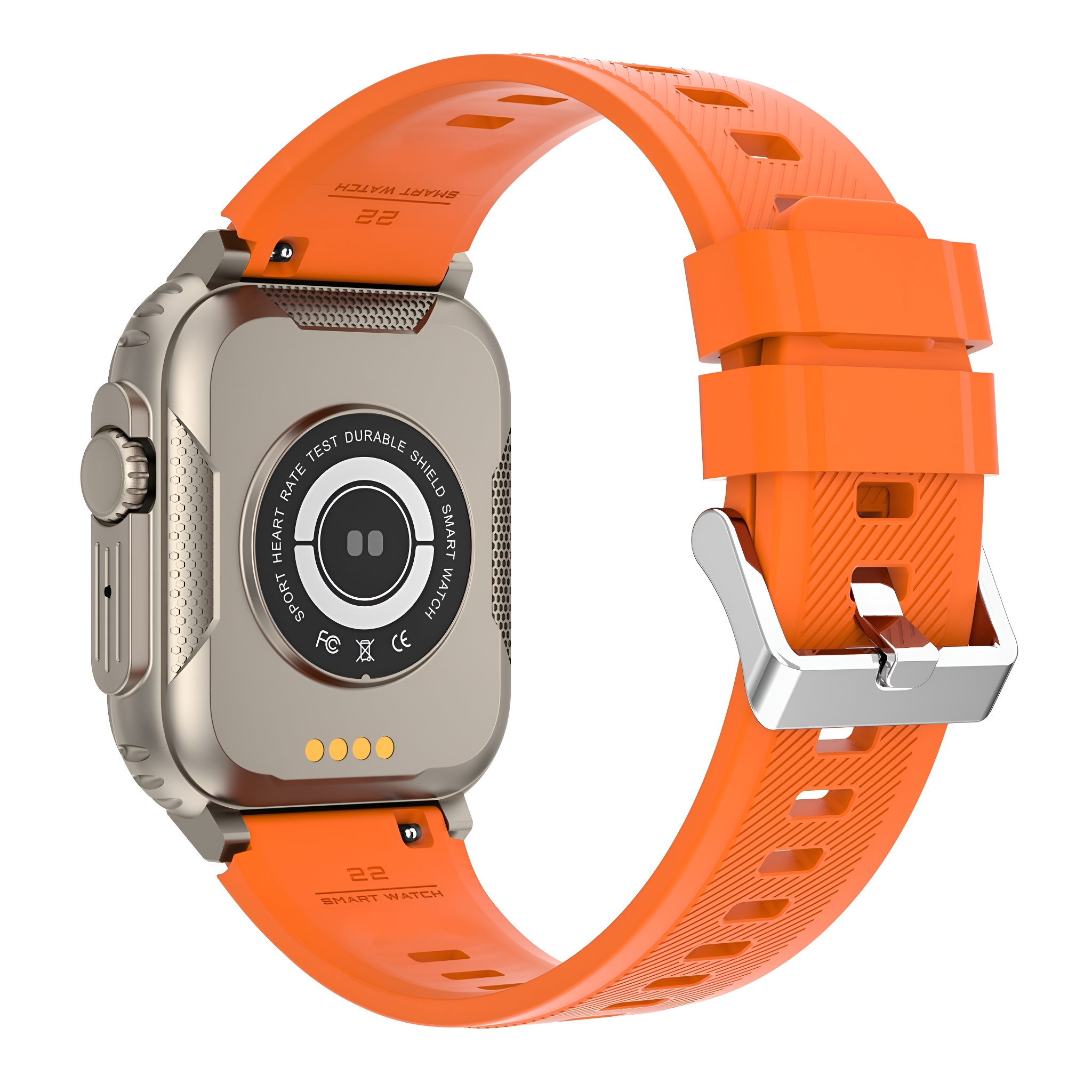 Smartwatch mit orangefarbenem Armband, silbernem Gehäuse. Die Rückseite der Uhr zeigt Sensoren und Informationen.