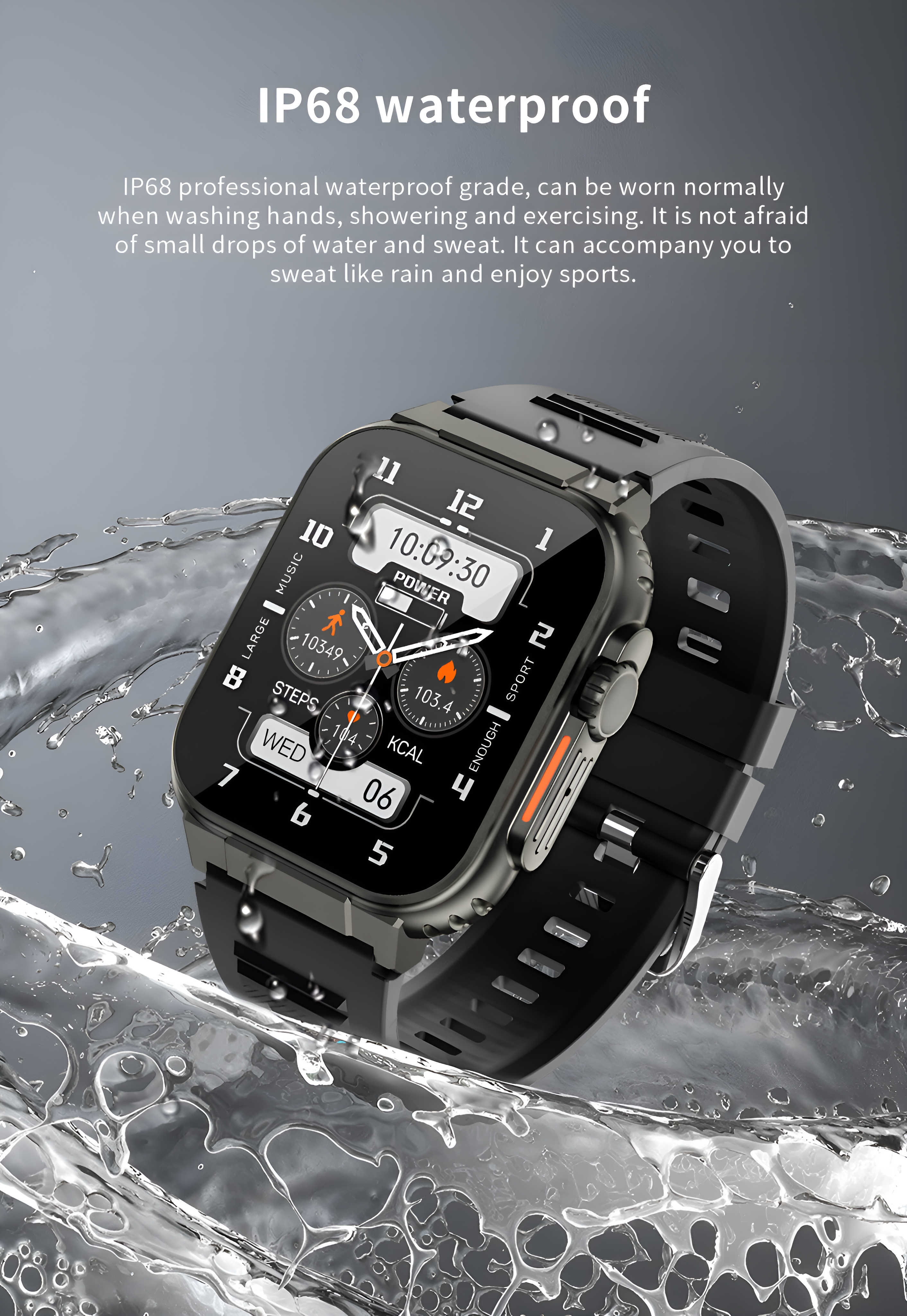 Schwarze Smartwatch mit Wassertropfen. Weißer Hintergrund mit Textüberlagerung.