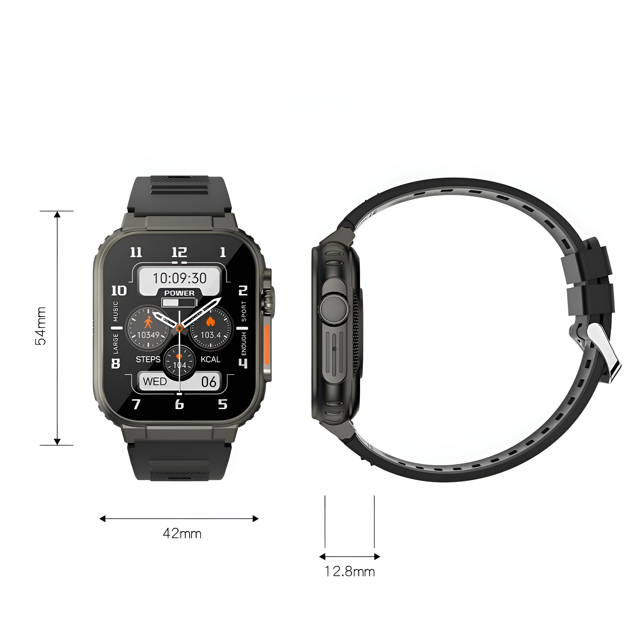 Smartwatch, Seiten- und Vorderansicht. Maße: 54 mm Höhe, 42 mm Breite, 12,8 mm Dicke.