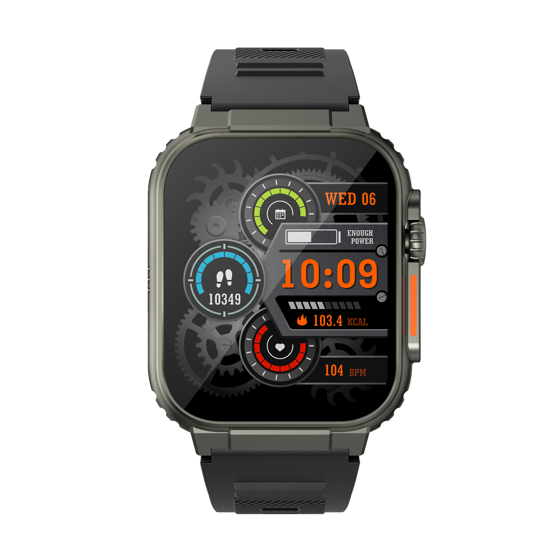 Eine schwarz-graue Smartwatch, die Daten auf dem Bildschirm anzeigt.