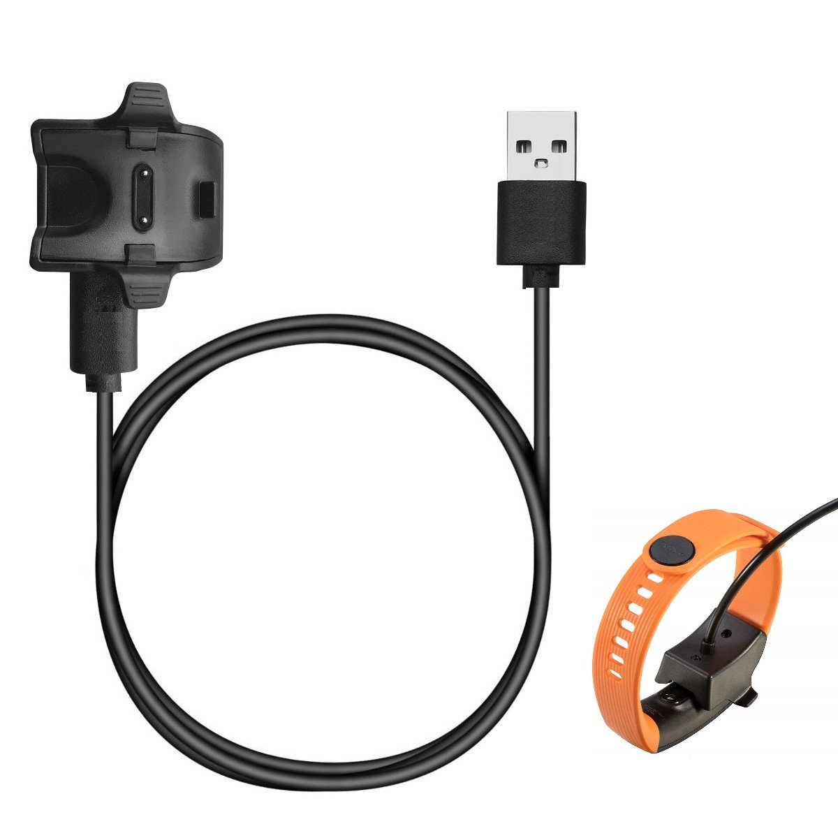 Schwarzes Ladekabel mit USB und Ladestation sowie ein orangefarbenes Fitness-Tracker-Armband. Weißer Hintergrund.