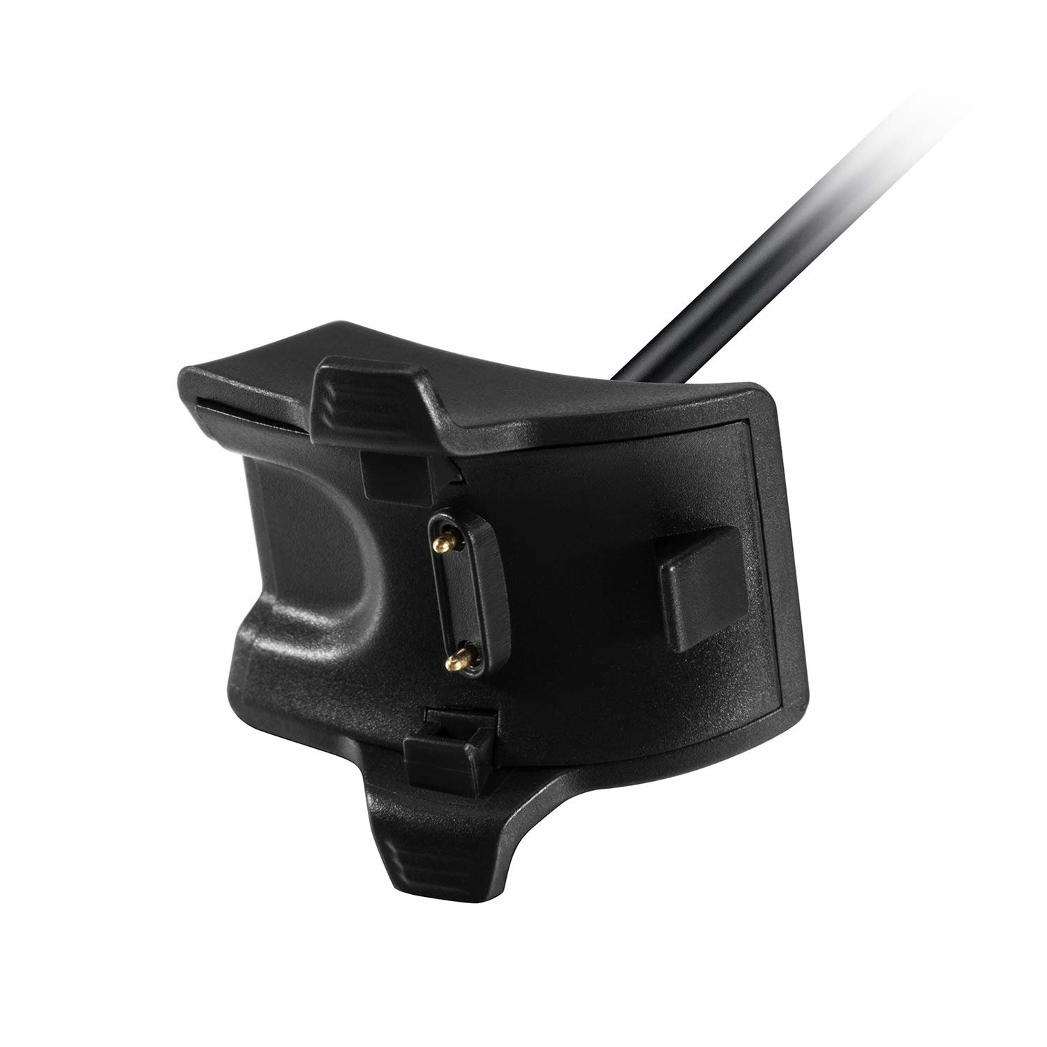 Ein schwarzes Smartwatch-Ladegerät mit Kabel. Das Ladegerät ist nah dran, das Kabel ist schwarz.