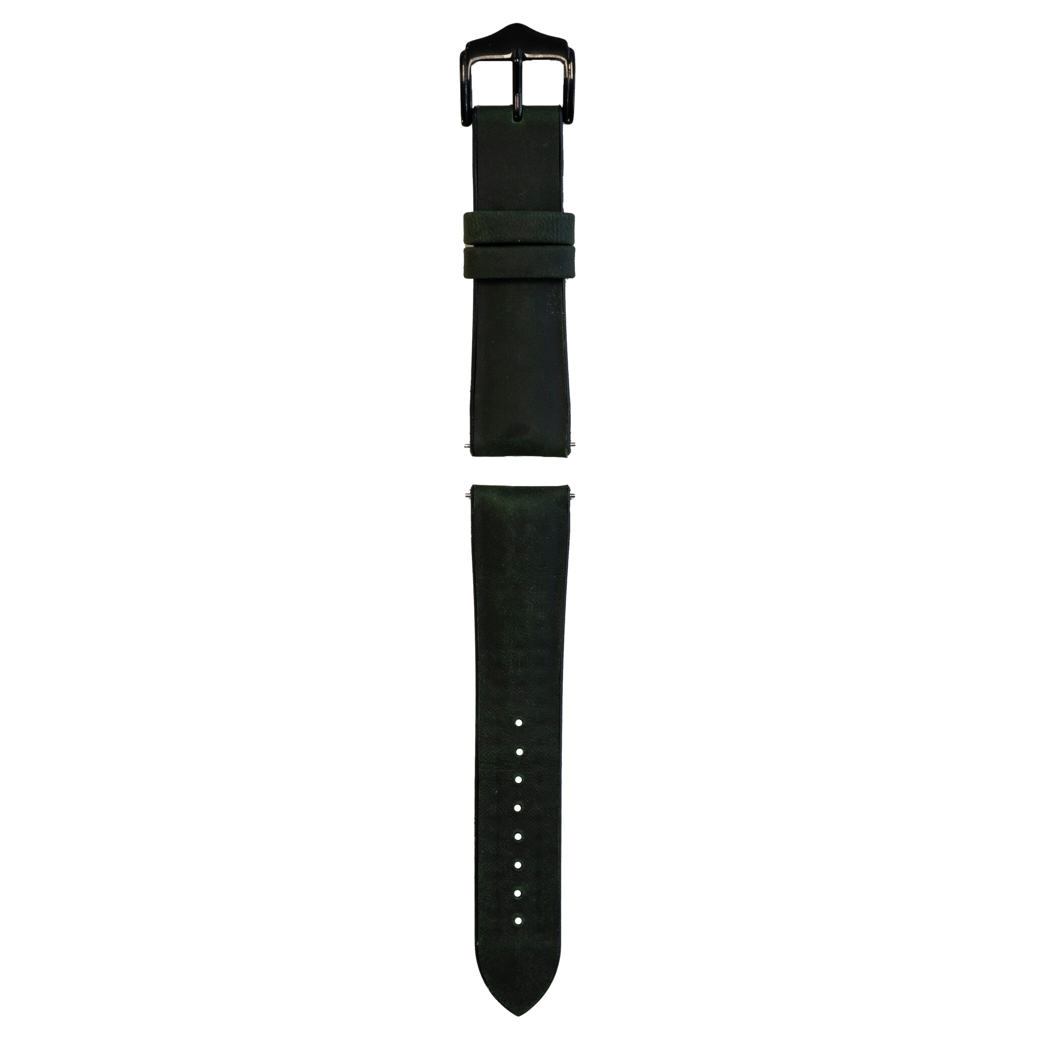Ein schwarzes Uhrenarmband mit Schnalle und ein zweites, abgenommenes Band.