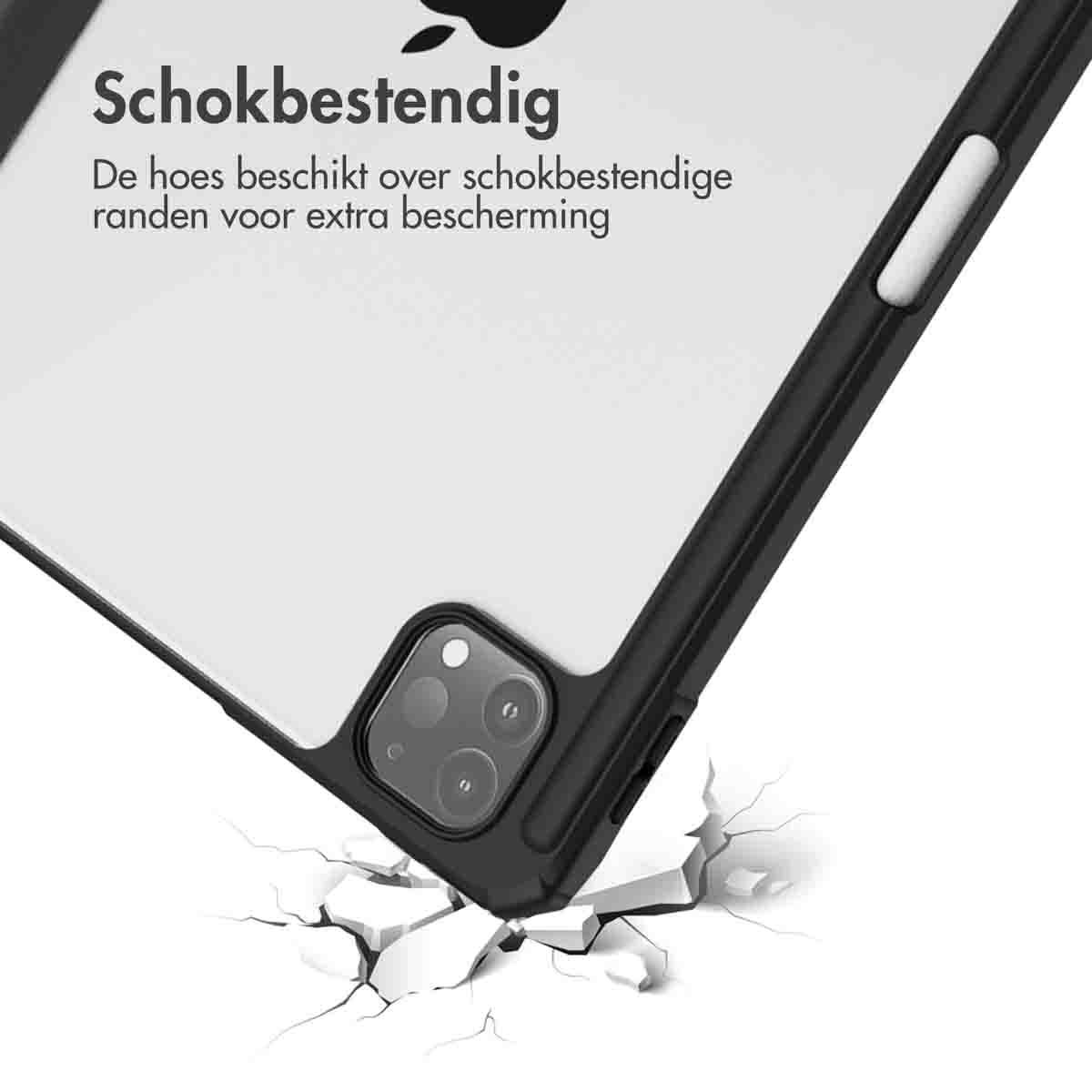 A tablet case with a black frame, cracked ground, and a white background with an apple logo.