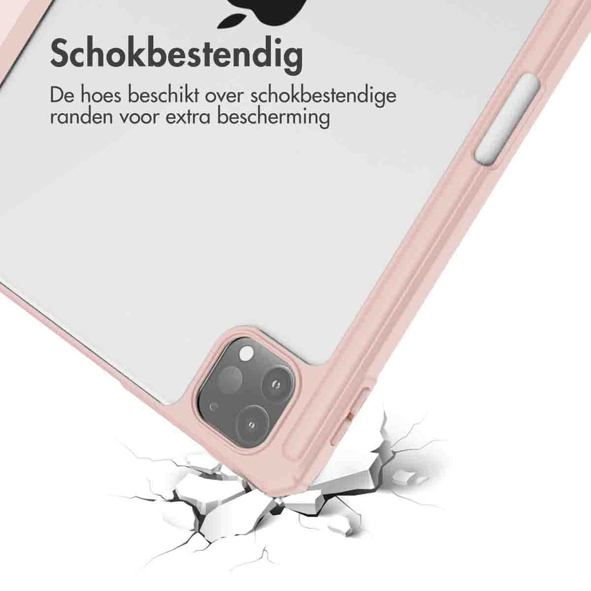 A tablet case with a pink frame, cracked ground, and a white background with an apple logo.