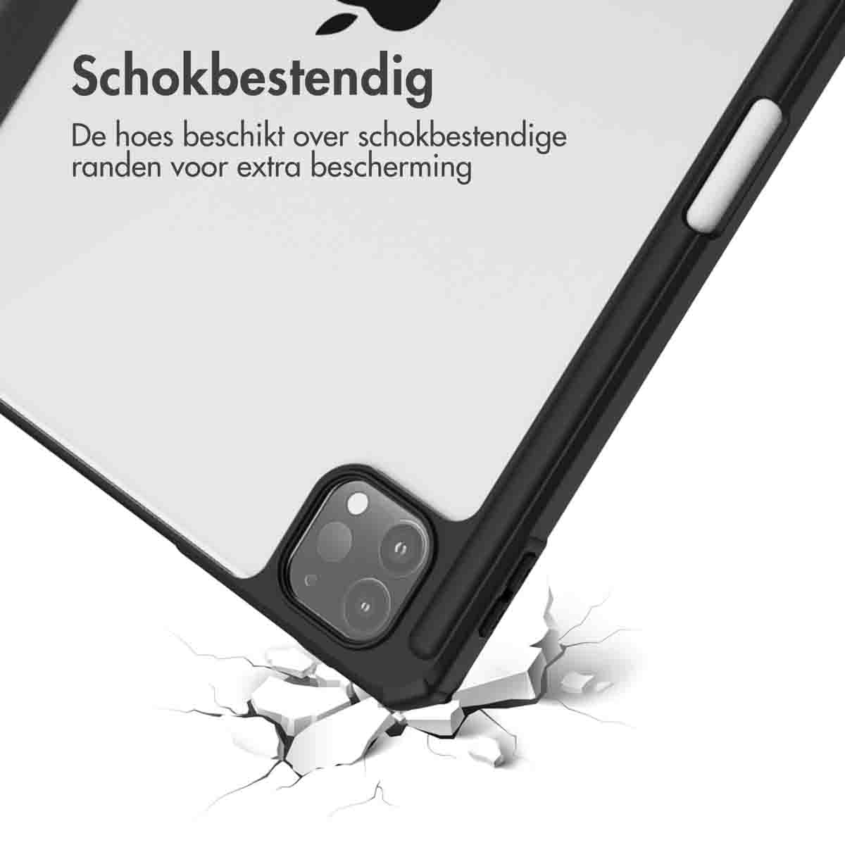 A tablet case with a black frame, cracked ground, and a white background with an apple logo.