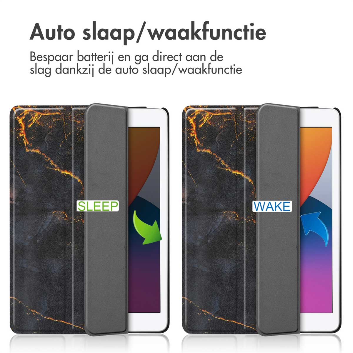 Deux étuis iPad, un ouvert, avec les étiquettes 'SLEEP' et 'WAKE'.