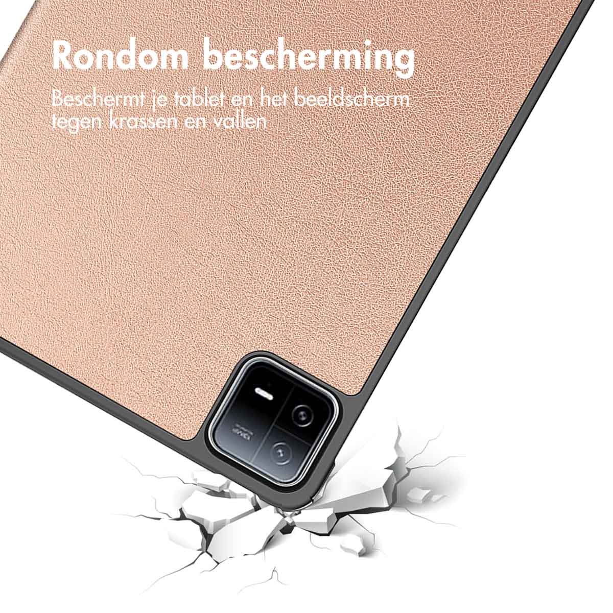 Tablet with a pink textured cover, cracked ground.