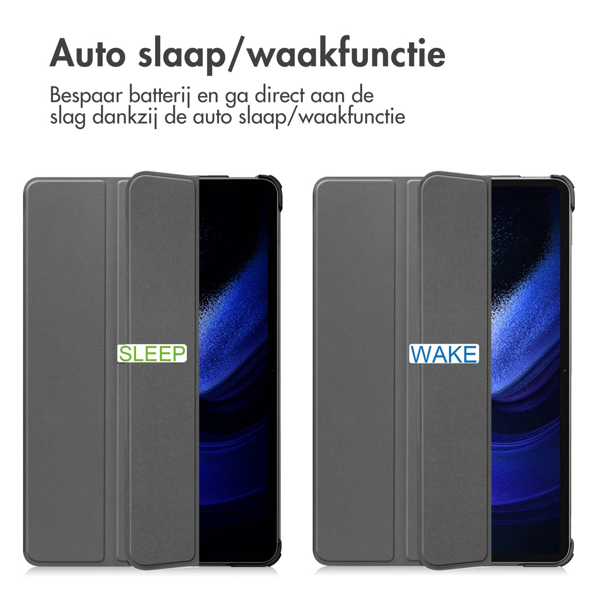 Two phone cases, one closed displaying 'SLEEP', and the other open displaying 'WAKE'.