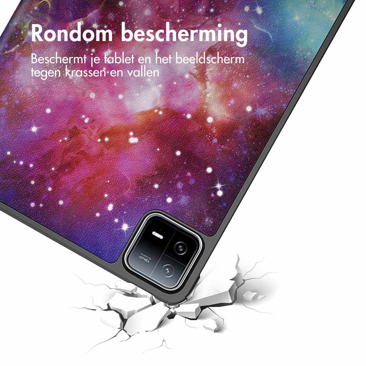 Tablet case with a galaxy print, with the tablet hitting a cracked ground. Protecting the device.