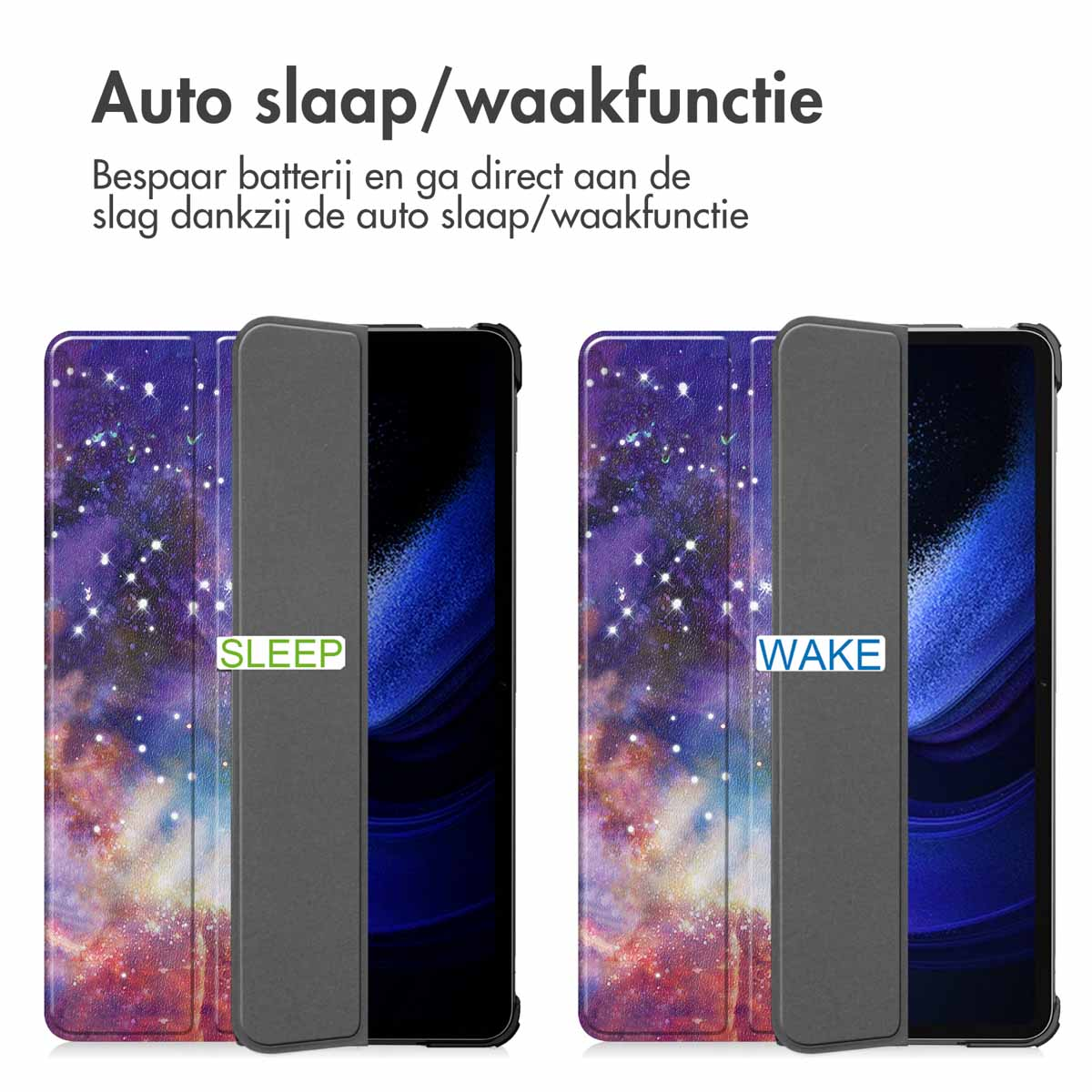 Two tablets in cases with galaxy patterns, with SLEEP and WAKE labels. White background.