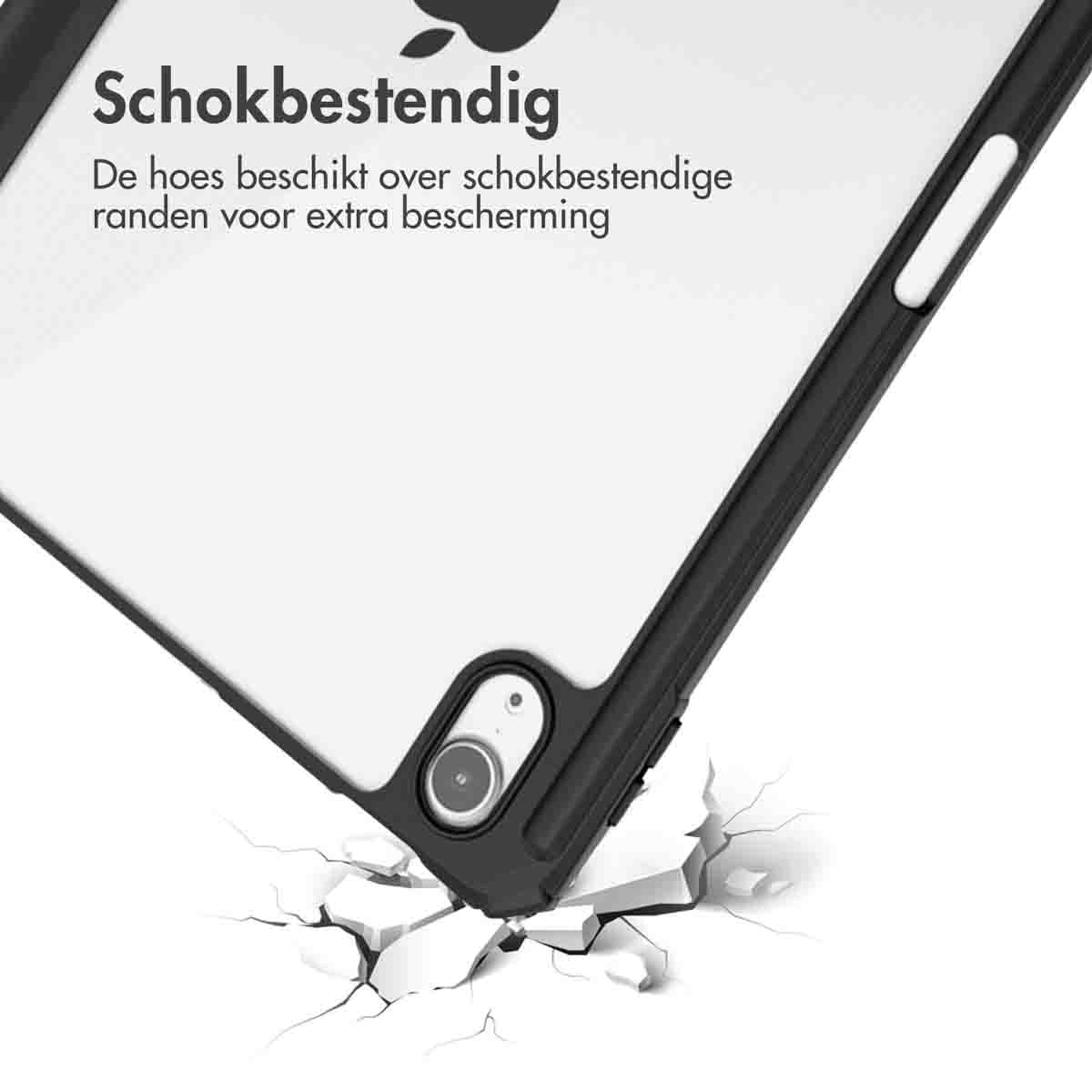Tablet corner in a black case. The case is cracked on impact.