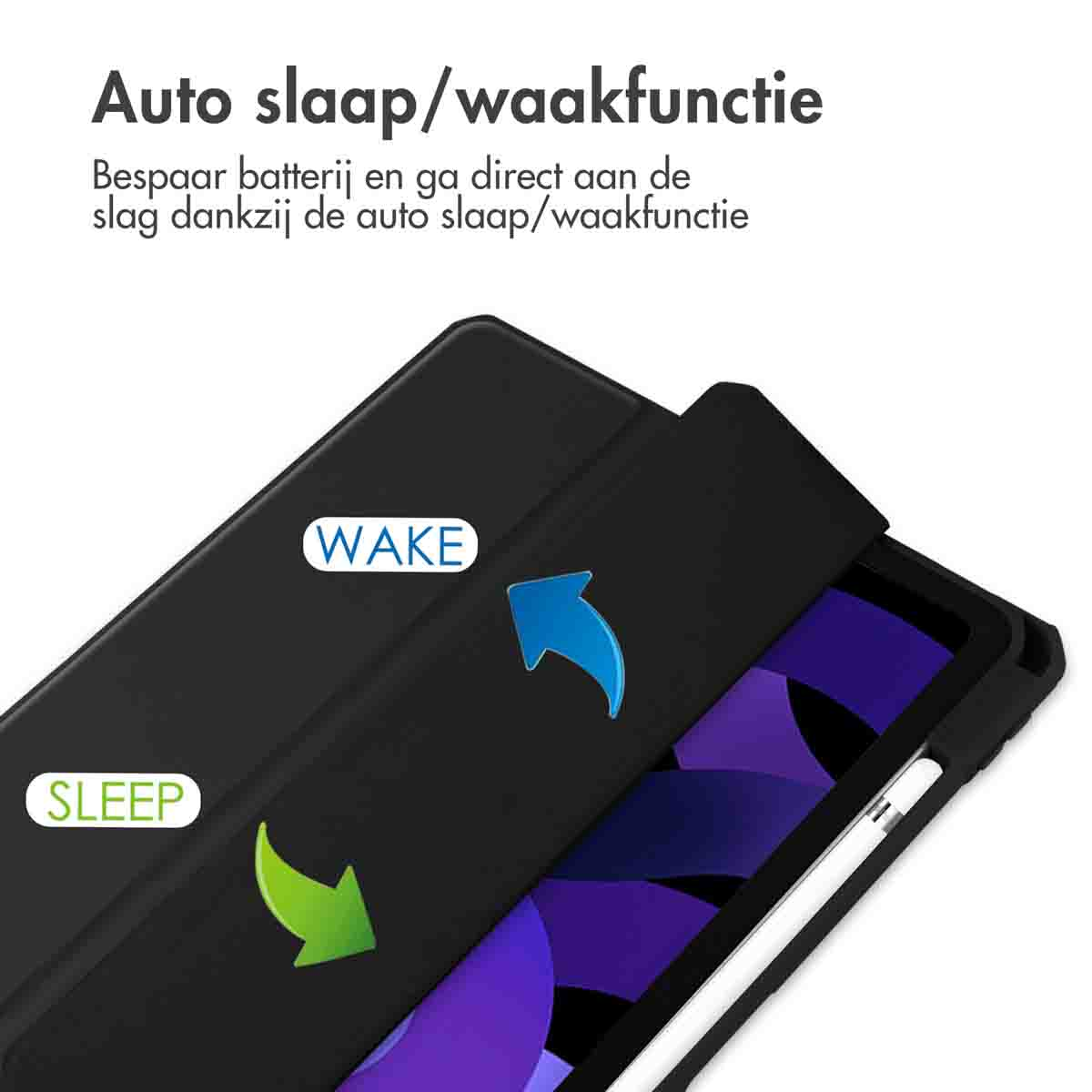 Tablet in a black case, open. Labels 'SLEEP' and 'WAKE' with arrows.