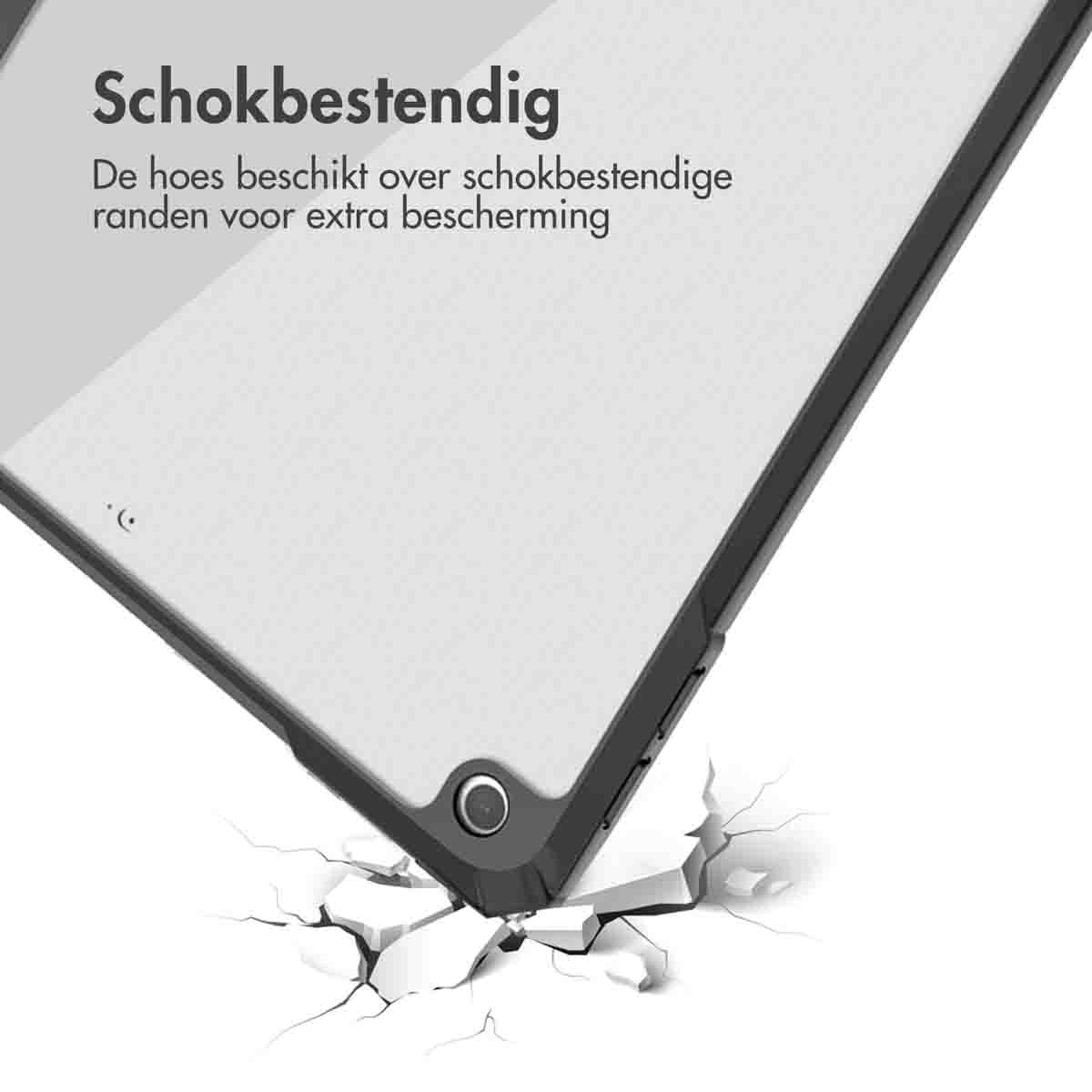 Tablet corner in a black case. The case is cracked on impact.