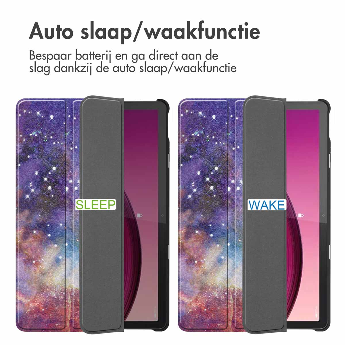 Tablet covers with a starry sky design. One is open with the word SLEEP, one with WAKE.