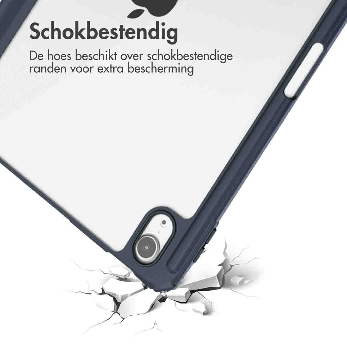 Tablet corner in a dark blue case. The case is cracked on impact.