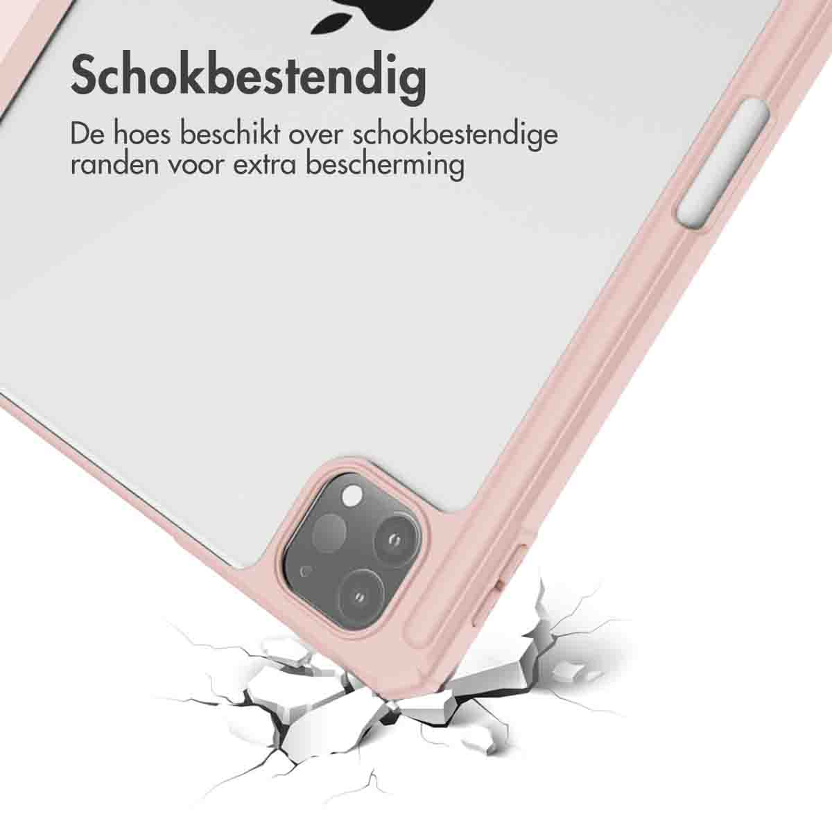 A tablet case with a pink frame, cracked ground, and a white background with an apple logo.