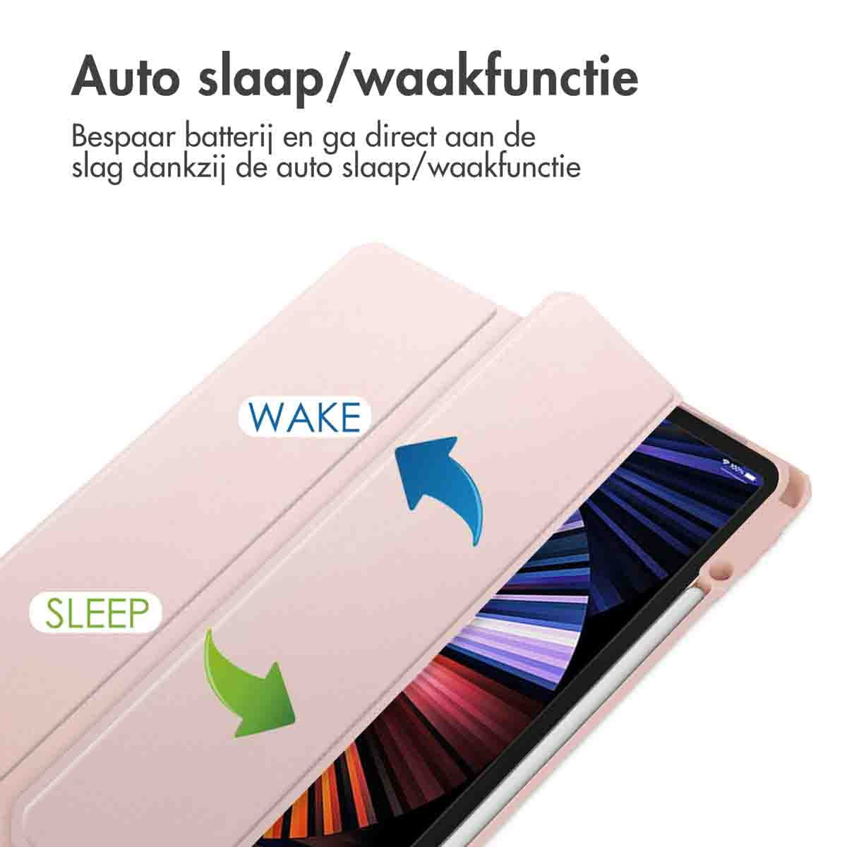 A tablet case in light pink, with a 'SLEEP' and 'WAKE' arrow icons.